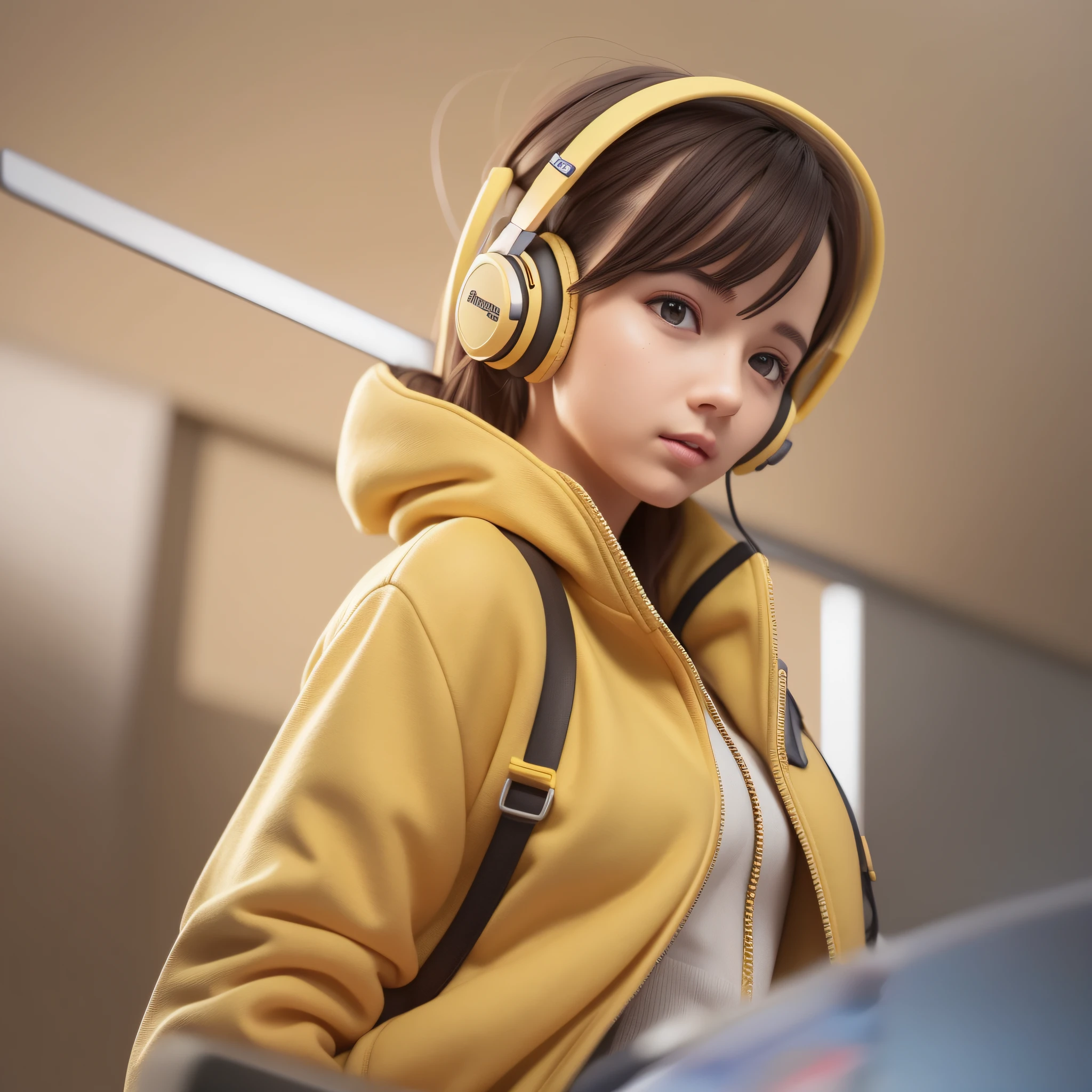 Girl in yellow jacket listening to music with her golden headphones artstation, watercolor digital art, award-winning, intricate, sharp, detailed, quality realism, 4k, hd, unreal engine 5, daz, a 12x (very) very colorful, cartoon