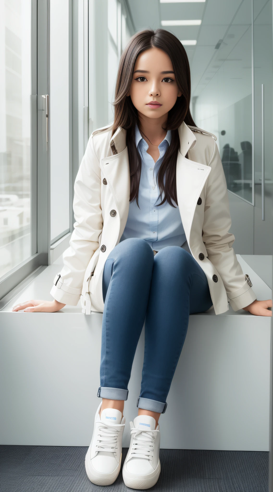 A girl sitting in office in a white trench coat, dark blue skinny jeans, sneakers, far shot