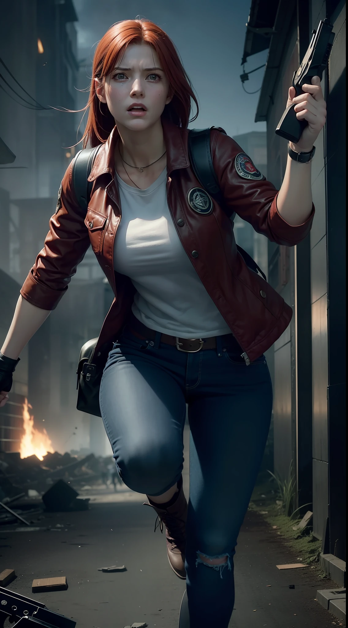 Claire Redfield is a young and determined woman. She has long red hair, expressive green eyes and fair skin. Her appearance is athletic and she possesses a confident presence. Claire demonstrates courage and determination in her facial expressions, conveying her will to survive in the midst of the zombie apocalypse. Claire wears an iconic red jacket with the TerraSave organization's logo on her left arm. She wears a short-sleeved T-shirt underneath her jacket. At the bottom, she wears dark jeans and sturdy combat boots. In addition, she carries a backpack to carry items essential to her survival. Claire also traverses other dangerous areas, such as the streets devastated by the zombie epidemic and the underground laboratory of the Umbrella Corporation. These dark and dangerous settings reflect the apocalyptic world in which Claire finds herself, where she fights for survival and seeks to unravel the mysteries surrounding Raccoon City.In this pose, Claire is positioned in a dynamic motion, with one foot forward and her body slightly tilted forward. She holds her firearm with one hand while the other reaches back, ready to push or grab objects as she moves quickly through the harsh environment. His facial expression is determined, showing his willingness to face any challenge that comes his way. This pose conveys Claire's agility and fearless attitude, ready to overcome obstacles and fight for her survival.