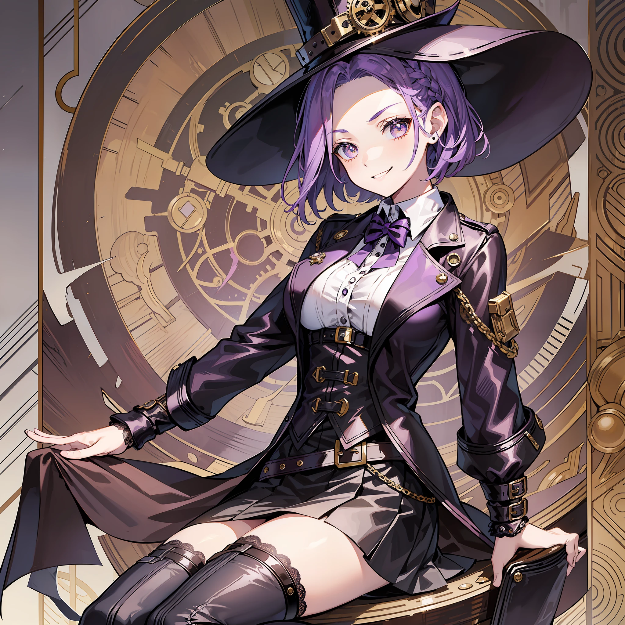 (Character design sheet, forehead, side, back, head, clothing), a girl, purple hair, amber eyes, steampunk style, leather jacket, metallic details, lace blouse, striped skirt, knee-length stockings, Victorian boots, top hat, determined look, charming smile, arched eyebrows, wit and mechanical skills.