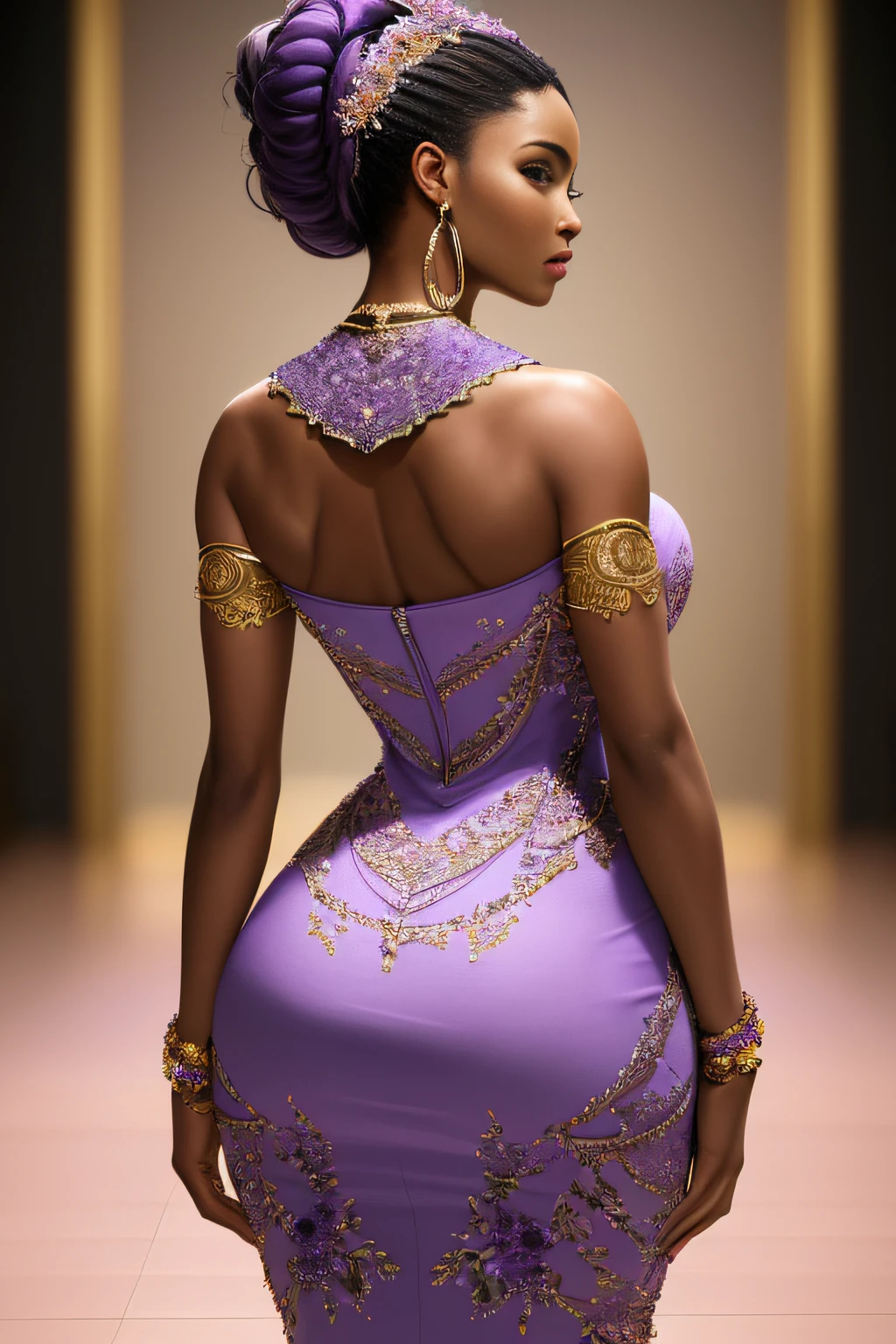 ((Masterpiece)), ((Best Quality)), (Ultra Detailed), (Very Detailed)), 4K, (8K), Best Quality, (Beautiful), Perfect Anatomy, Photo from Behind, Tempered Ass, Portrait Photo of African American Supermodel, Solo, (Dress of Intricate Workmanship in Lilac:1.3), Meticulously Rendered Face, Beautiful Eyes, Feminine Physique, Goddess of Beauty, Unreal Engine, Octane Rendering, Movie Lighting,