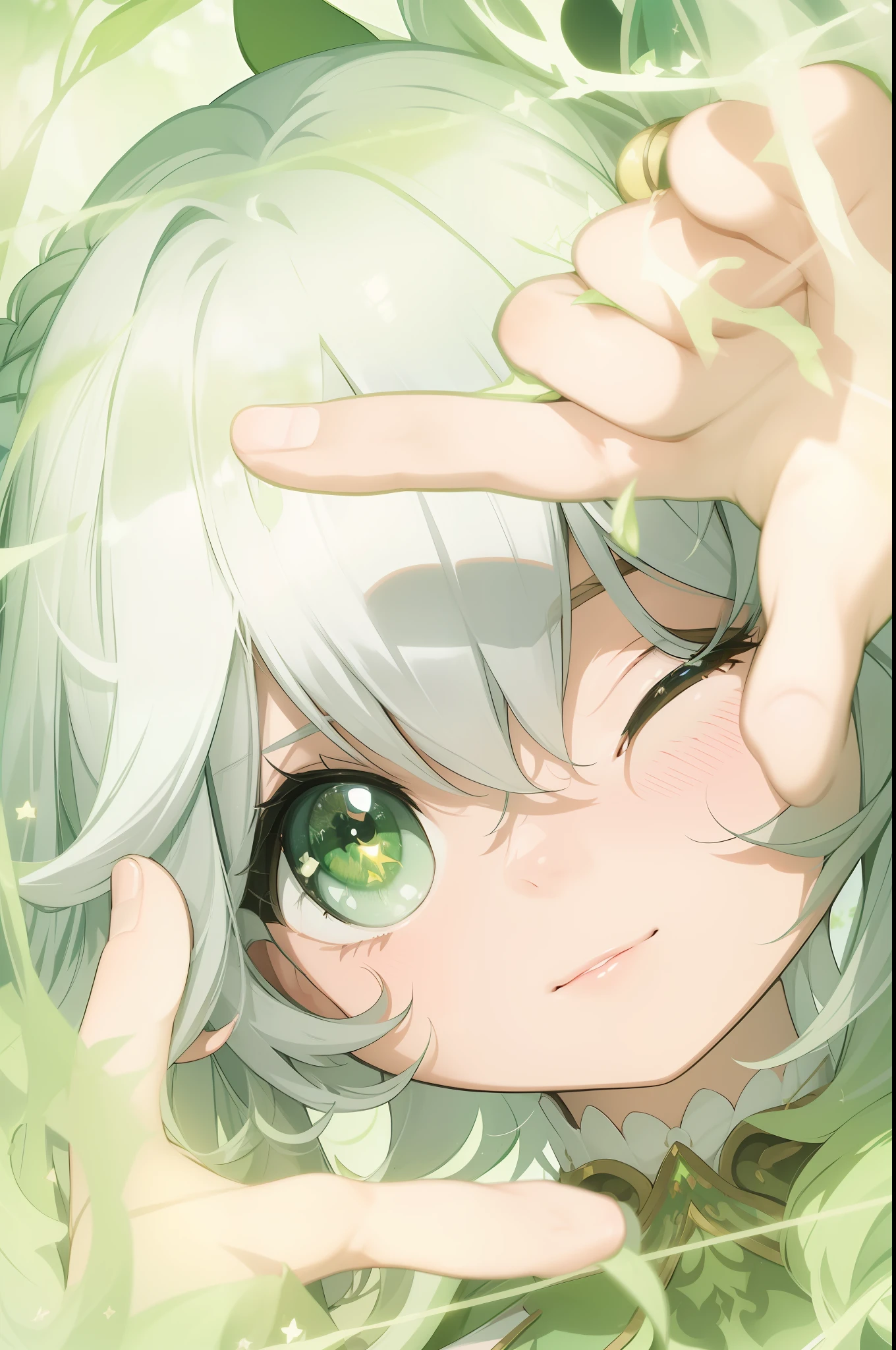 Nahida, Genshin impact, anime girl with green eyes looking at the camera with a beautiful and attractive smile, colorful lens reflections, elf ear, stars in her fixed eyes, light through glass, breathtaking rendering, extreme close-up, anime cg art, cute girl, attractive anime girl, beautiful anime girl, kantai collection style,  cute cute beautiful anime woman, detailed digital anime art, beautiful anime girl, beautiful anime girl, | Fine detail anime, (Anime Girl), best quality, masterpiece, ultra-detailed, beautiful, highres, original, absurdres,CG 8K ultra realistic, perfect artwork, (((perfect female figure)), female, narrow waist, clean, beautiful face, pure face, skin, hyper realistic, ultra detailed, detailed eyes, lush body, dramatic lighting, dynamic pose, (realistic) realistic, (masterpiece:1.3), (absurdres:1.3), (best quality:1.3), HD,  FULL HD, bright lights, best quality, best quality, beautiful lighting, outdoor, (8k wallpaper of extremely detailed CG unit), high details, sharp focus, dramatic and photorealistic painting art of midjourney, photorealistic, beautiful smile, incredibly detailed face, hyper detailed face, hyper realistic face, face with lots of detail, perfect nose, well made hands, making hands a camera
