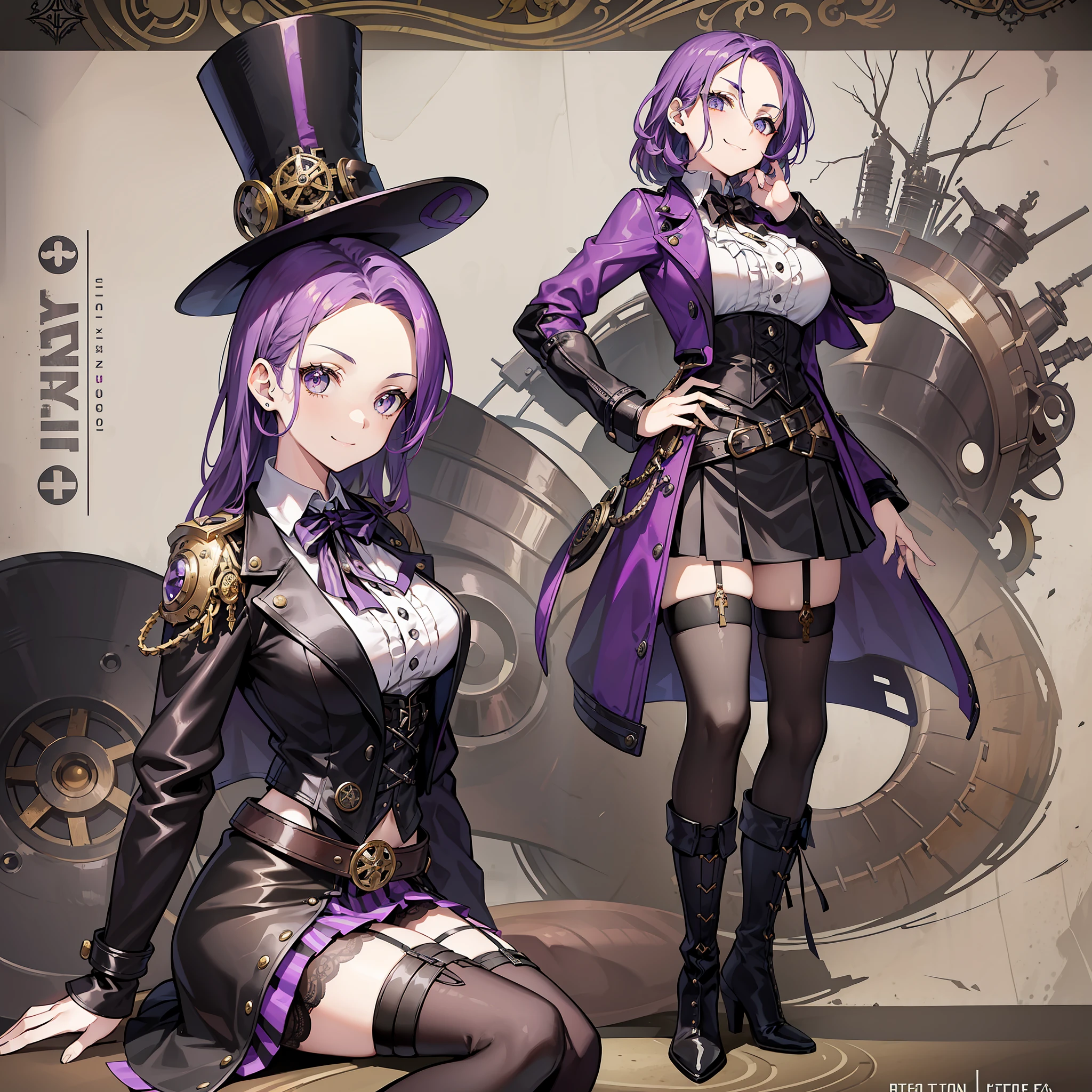 (Character design sheet, forehead, side, back, head, clothing), a girl, purple hair, amber eyes, steampunk style, leather jacket, metallic details, lace blouse, striped skirt, knee-length stockings, Victorian boots, top hat, determined look, charming smile, arched eyebrows, wit and mechanical skills.