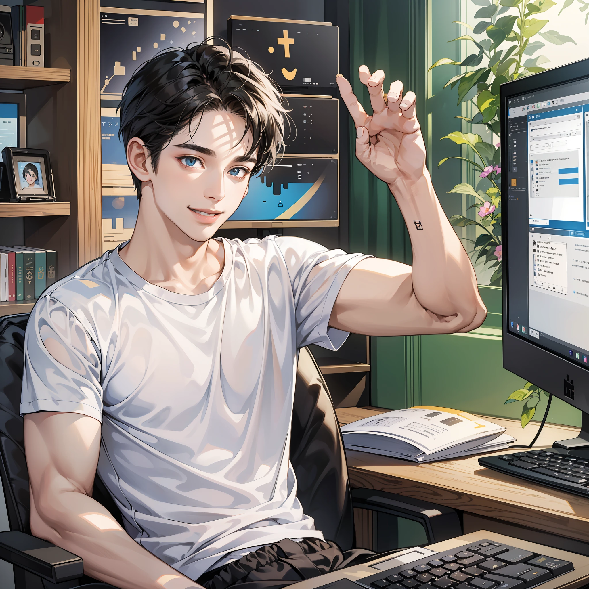 Masterpiece, high quality, best quality, HD, realistic, perfect lighting, detailed face, detailed body, 1 man, short black hair, white t-shirt, (smile emoji: 1.5) (happy face: 1.5), wave goodbye, sit, look at the computer monitor, in the room