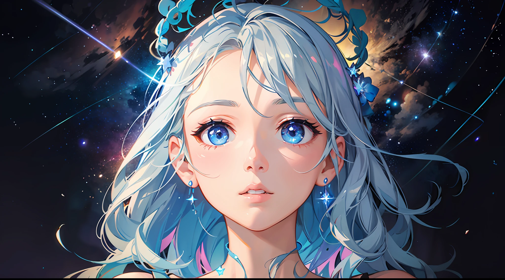 A cosmic double exposure image combining a starry sky with a portrait of a person, created using Pixar 3D, inspired by the work of artist Elsa Chang. The scene features a person standing in a field at night, gazing up at the stars above them, while their double exposure is a galaxy with colorful nebulas. The color temperature is cool with a blueish hue, and the atmosphere is dreamy and surreal. The person's expression is one of wonder and amazement. The lighting is soft, casting a gentle glow on the person and the surroundings. --v 5 --stylize 1000 --auto --s2
