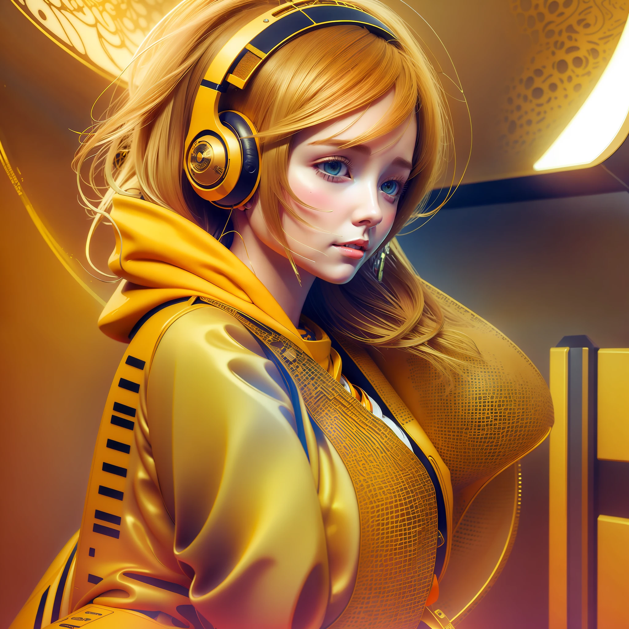 Girl in yellow jacket listening to music with her golden headphones artstation, watercolor digital art, award-winning, intricate, sharp, detailed, quality realism, 4k, hd, unreal engine 5, daz, a 12x (very) very colorful, cartoon