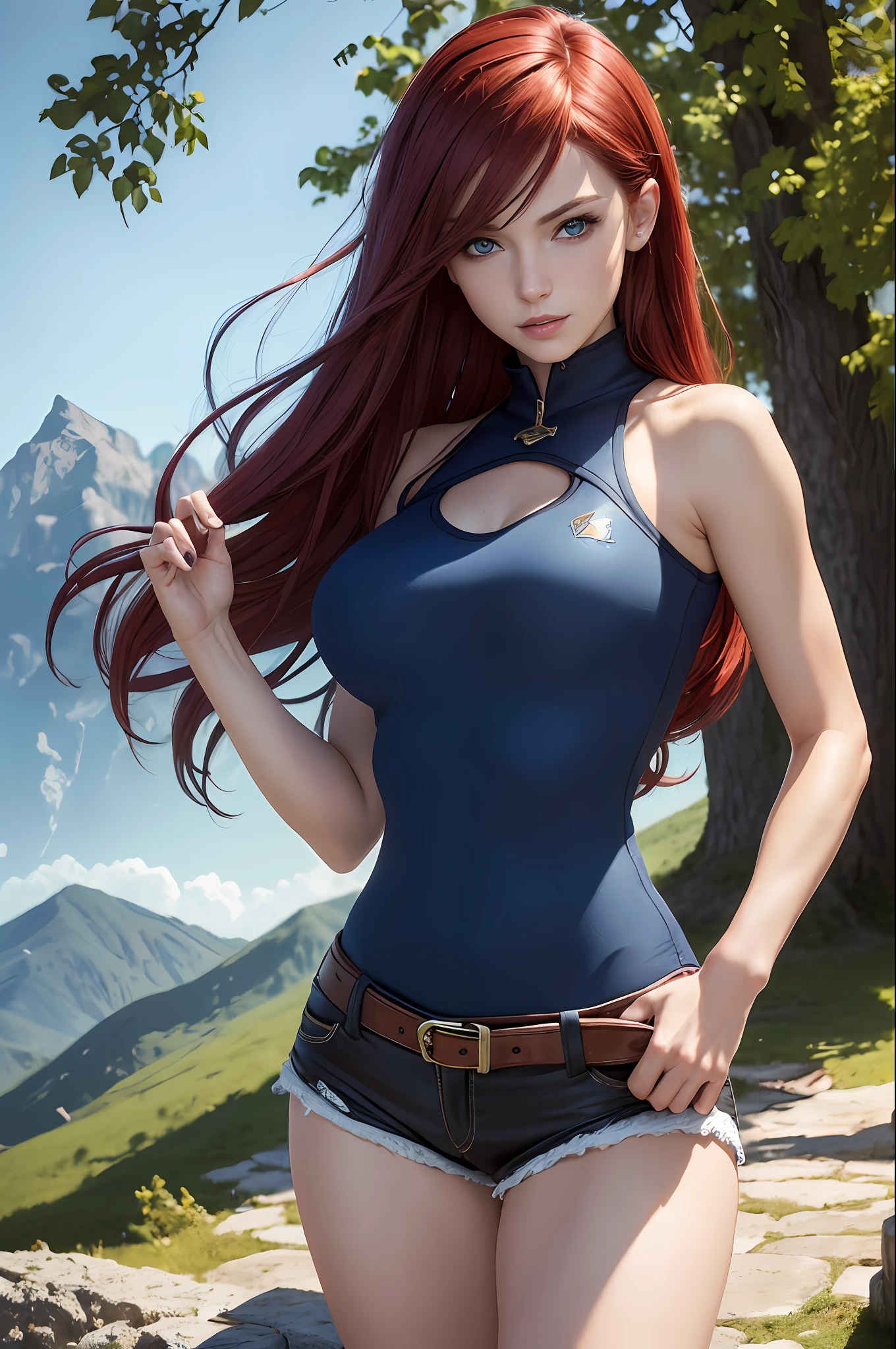 high quality fingers, normal hands, detailed fingers, masterpiece, (realistic, photo-realistic: 1.37), (22 year old female), Katarina from League of Legends, big chest, short stature, dark red hair, blue eyes, beautiful face, perfect lighting, beautiful detailed eyes, looking at the viewer, incredibly beautiful woman, detailed hairstyle, detailed background, shorts, detailed fantasy background, (sweat: 1)