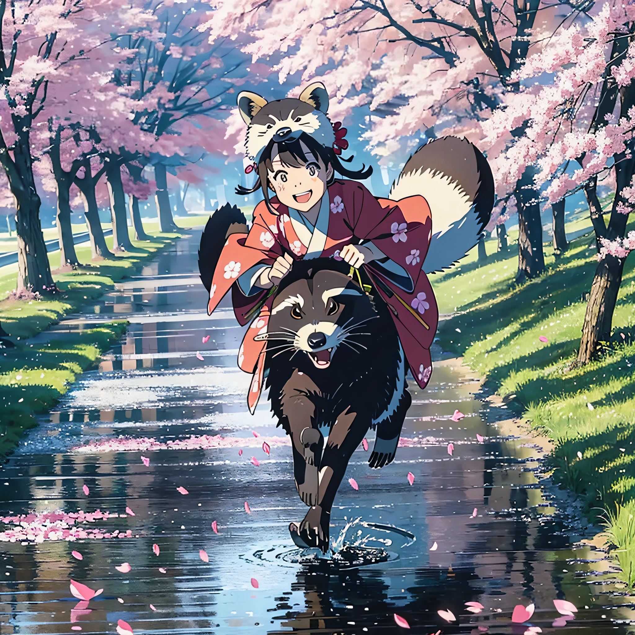 A happy girl in a kimono rides a large raccoon and runs through a meadow with dancing cherry blossom petals. Jump over puddles, ground threaded angle,