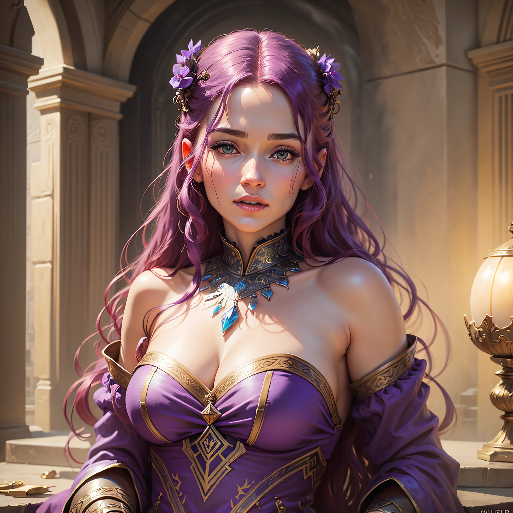 {{{masterpiece}}}, {{{best quality}}}, {{ultra-detailed}}, {illustration}, {{an extremely delicate and beautiful}}, warrior princess, 30 years age, warrior dress, red purple hair,long hair, plump figure, appealing breast, beautiful dress, looks like  Alison hightower of game of thrones, game of thrones like dress, sexy figure, amazing beauty,highly realistic digital art, very realistic digital art, beautiful digital artwork, cinematic realistic portrait, ultra realistic digital painting, --auto --s2