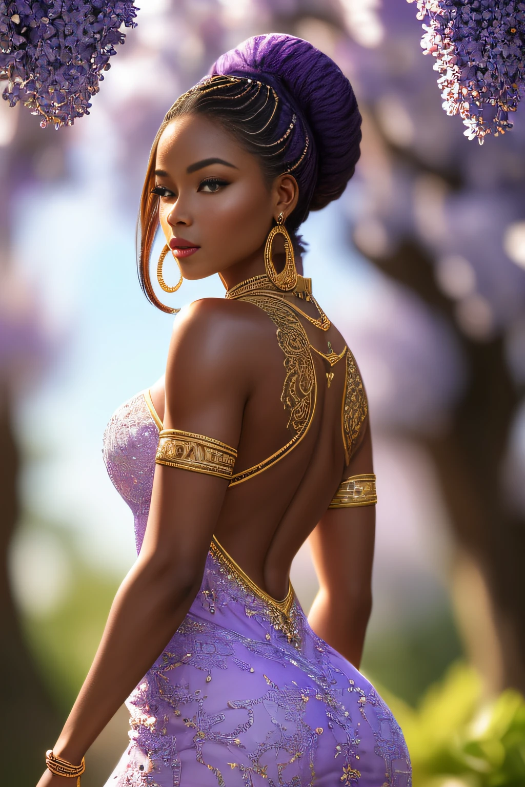 ((Masterpiece)), ((Best Quality)), (Ultra Detailed), (Very Detailed)), 4K, (8K), Best Quality, (Beautiful), Perfect Anatomy, Photo from Behind, Tempered Ass, Portrait Photo of African American Supermodel, Solo, (Dress of Intricate Workmanship in Lilac:1.3), Meticulously Rendered Face, Beautiful Eyes, Feminine Physique, Goddess of Beauty, Unreal Engine, Octane Rendering, Movie Lighting,