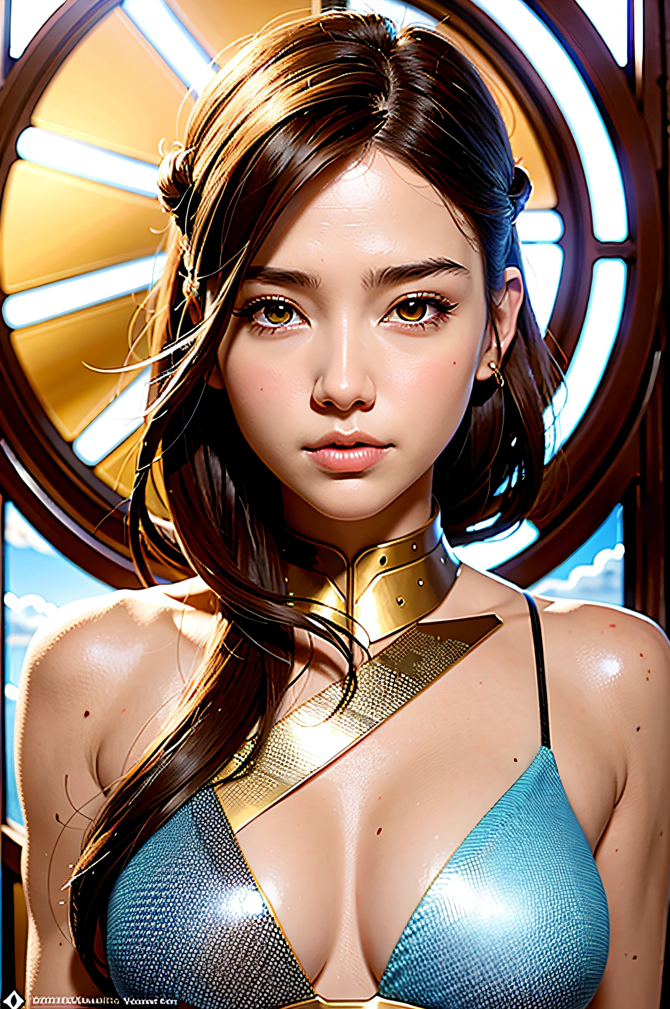Masterpiece,, Halo over the head, smiling, celestial sky, half body, ((Divine Light)), ethereal, clouds, backlighting, realistic portrait, symmetrical drawing, strong, intricate, highly detailed, digital painting, art station, concept art, fluid, sharp focus, illustration, Against the Gate of Heaven, cinematic lighting, works by Artgerm and Greg Rutkowski and Alphonse Mucha