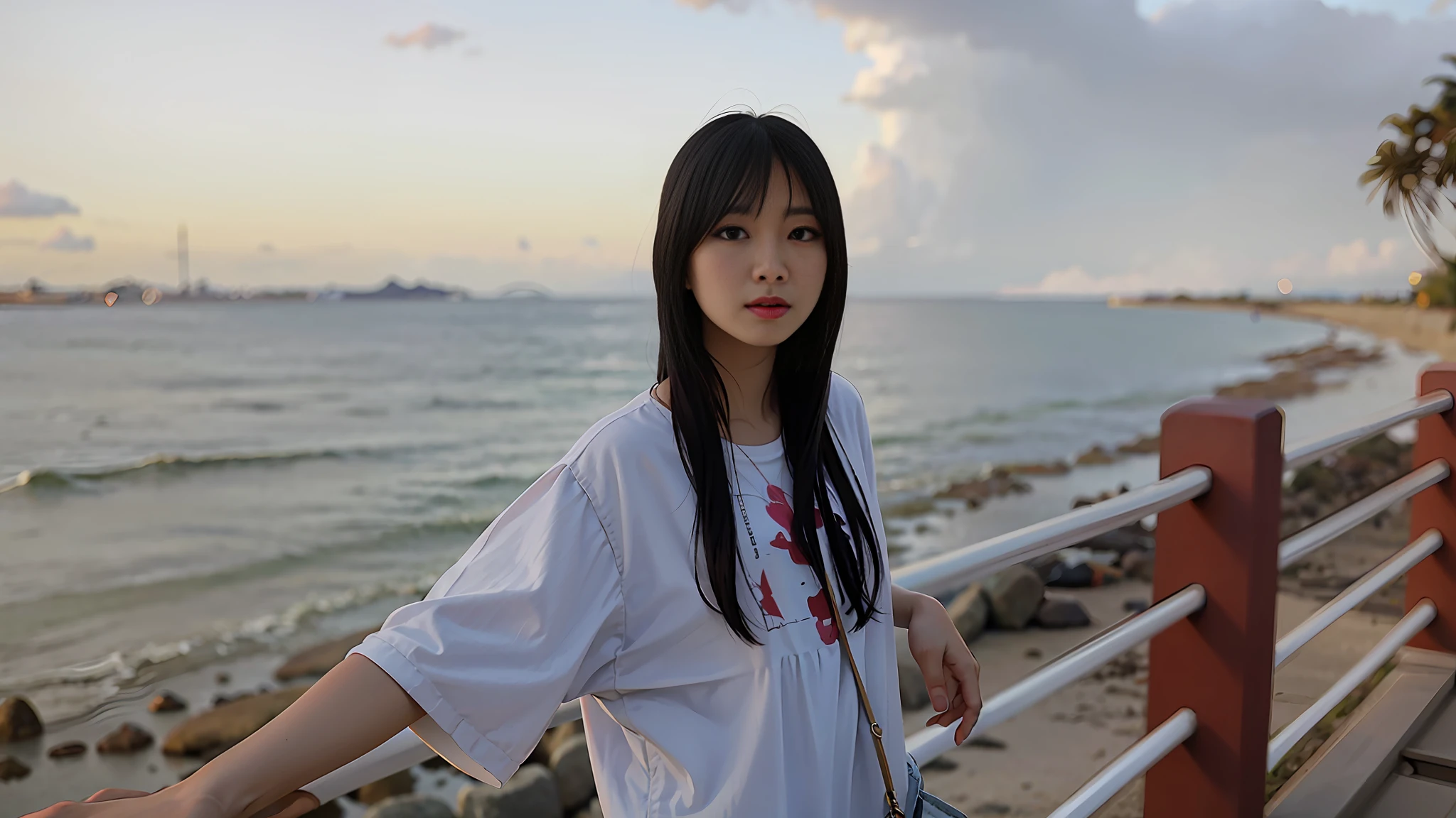 there is a woman standing on a bridge by the water, with sunset, low quality photograph, low quality photo, at beach at sunset, photo taken with canon 5d, shot on leica sl2, taken with canon eos 5 d, taken with canon 8 0 d, during sunset, inspired by Ma Yuanyu, taken with sony alpha 9, a young asian woman