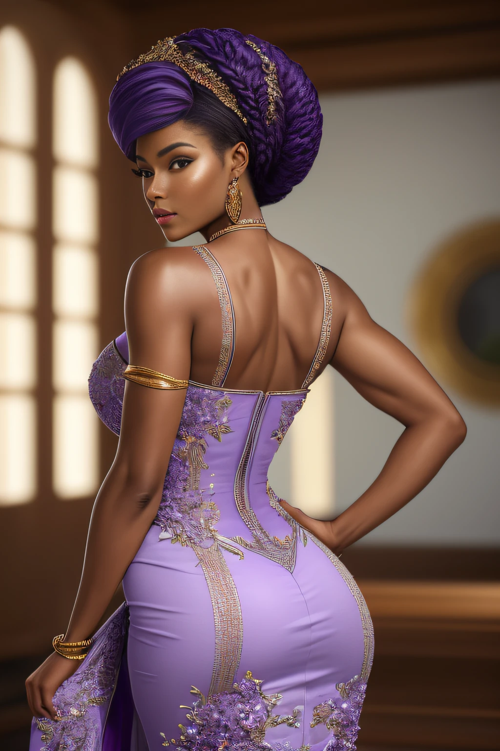 ((Masterpiece)), ((Best Quality)), (Ultra Detailed), (Very Detailed)), 4K, (8K), Best Quality, (Beautiful), Perfect Anatomy, Photo from Behind, Tempered Ass, Portrait Photo of African American Supermodel, Solo, (Dress of Intricate Workmanship in Lilac:1.3), Meticulously Rendered Face, Beautiful Eyes, Feminine Physique, Goddess of Beauty, Unreal Engine, Octane Rendering, Movie Lighting,