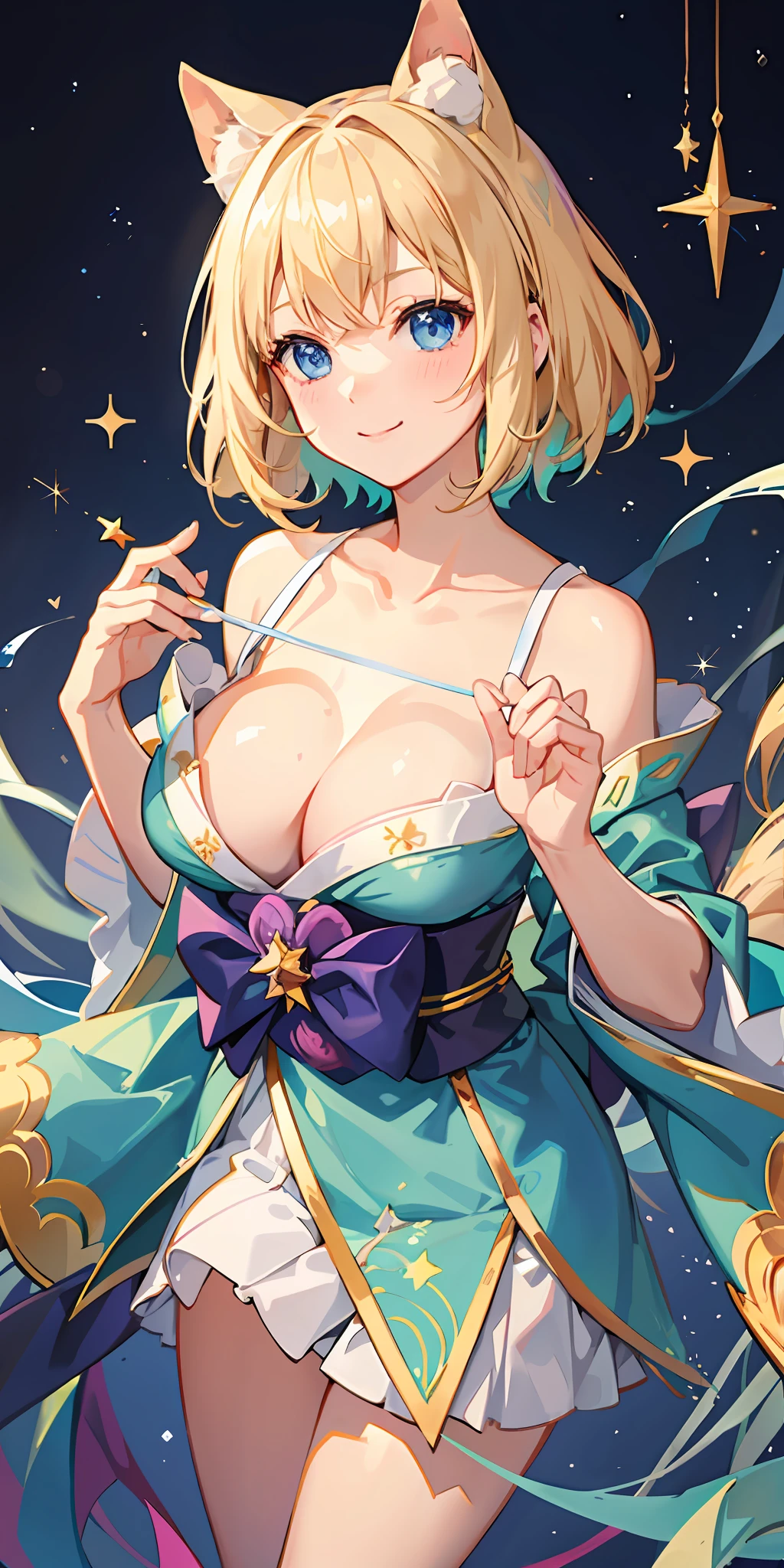 1girl, bright, blonde, light blue eyes, heart motif, star, moon, short hair, uniform bangs, multicolored hair, princess, saleme, side lights, particles of light, wallpaper, big, plump, idol, wonderful costume, kimono, kimono, yukata, loose dress, shoulder out, ha, chest, cleavage, sexy, loose fluffy, smile, gentle, clear, loli,