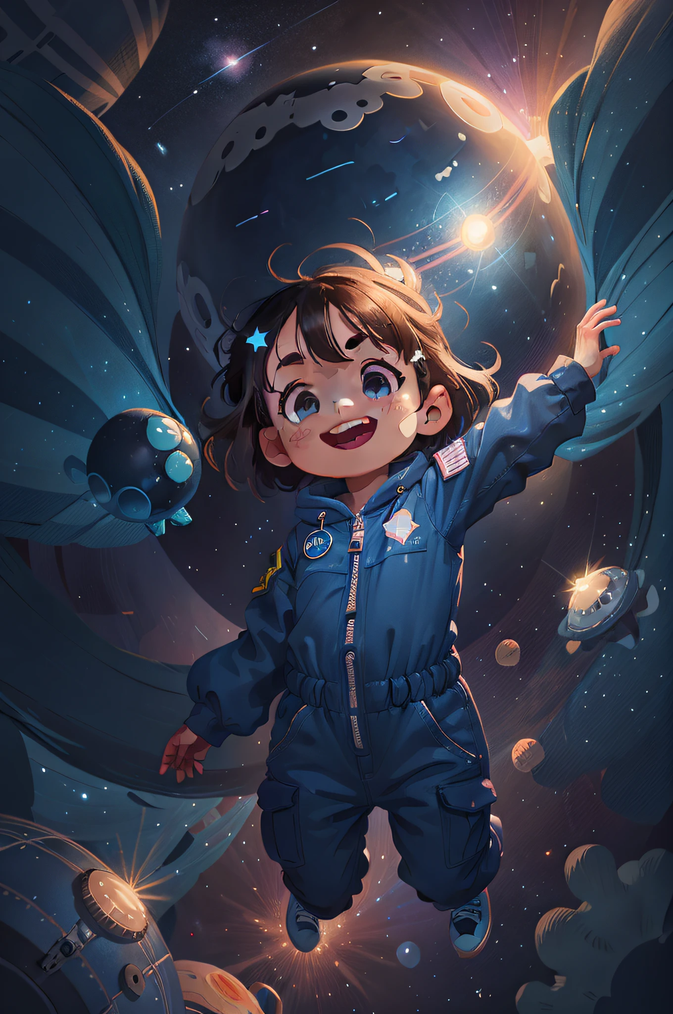 A happy 5-year-old floating in space, surrounded by bright stars. She is wearing a blue jumpsuit and has wide eyes with admiration. Bright stars, flying through space, Halo of light, long shot, (detailed face), (8k illustration), (detailed), (outer space), (bright stars)