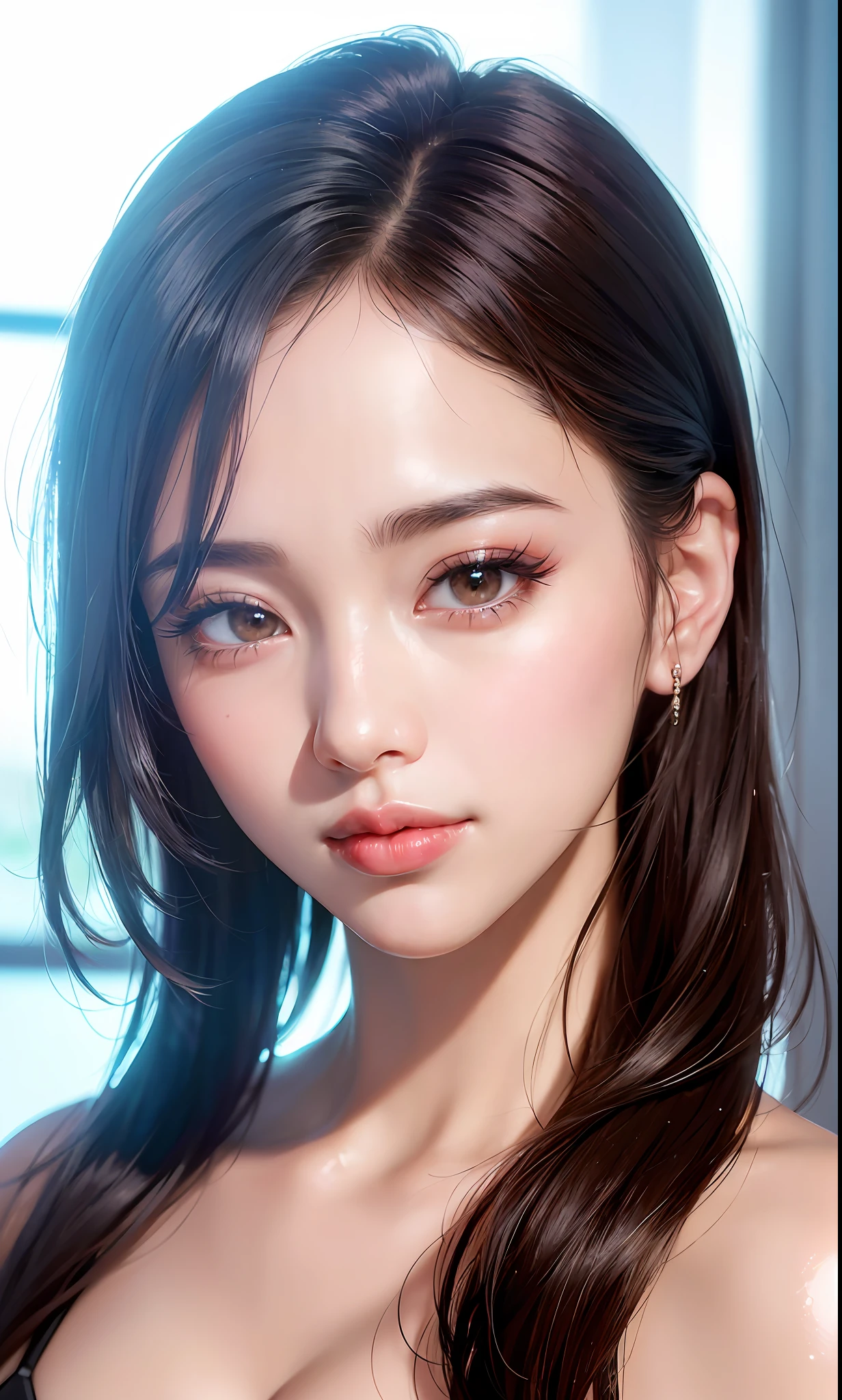 (8k, RAW photo, photorealistic: 1.25), (lip gloss, eyelashes, shiny face, shiny skin, best quality, ultra-high resolution, depth of field, chromatic aberration, caustics, wide range of lighting, Natural shading, Kpop idol) looking at the viewer with a calm and goddess-like happiness,