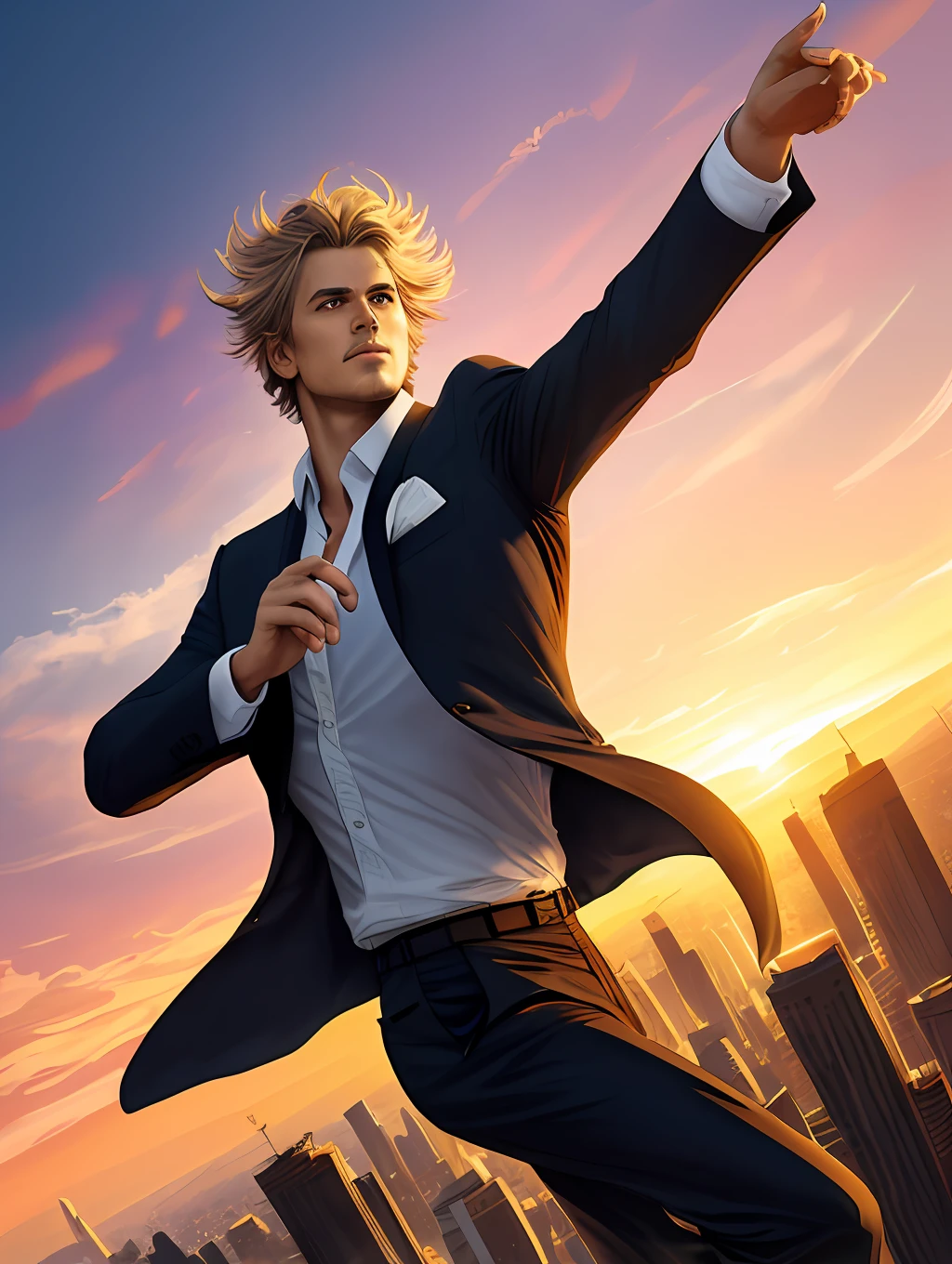 A stylized watercolor digital illustration, handsome, fashion, middle-aged tanned fitted man, age 30, top angle shot, blond short messy hair, a big metropolis as the background, sunset, dancing, cinematic light, action, designer suit, Art by Carne Griffiths and Wadim Kashin, Yoji Shinkawa, Peter Draws, heavenly handsome face, detailed eyes, big greek nose, perfect anatomy, natural hand poses, natural legs poses, approaching perfection, dancing, dynamic poses, luminism, highly detailed, sharp focus, full body shot, 8k UHD, masterpiece, ultra fine detail, dynamic gestures, sunset.