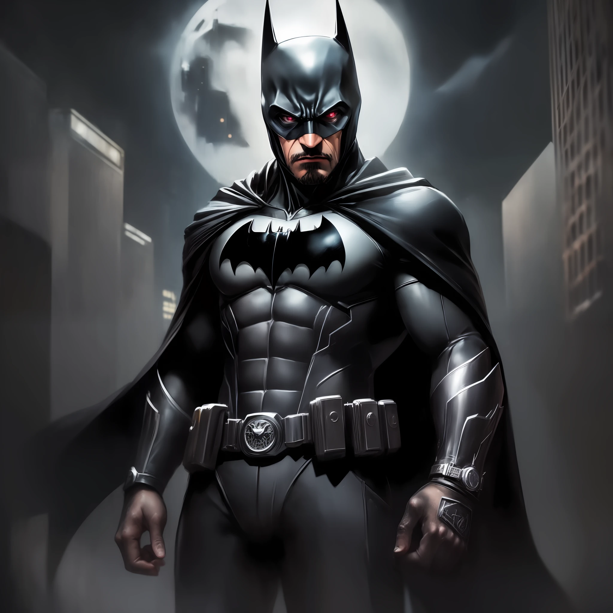 (masterpiece),(ultra-detailed),(best illustration),(dramatic),dark atmosphere,(Batman),(black suit, armor),cape,utility belt,emblem,(dark, gritty),(Gotham City),(neon lights),(2-point perspective),moonlit sky,shadowy rooftop,high resolution,pt.