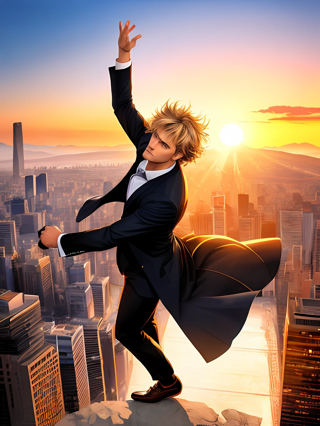 A stylized watercolor digital illustration, handsome, fashion, middle-aged tanned fitted man, age 30, top angle shot, blond short messy hair, a big metropolis as the background, sunset, dancing, cinematic light, action, designer suit, Art by Carne Griffiths and Wadim Kashin, Yoji Shinkawa, Peter Draws, heavenly handsome face, detailed eyes, big greek nose, perfect anatomy, natural hand poses, natural legs poses, approaching perfection, dancing, dynamic poses, luminism, highly detailed, sharp focus, full body shot, 8k UHD, masterpiece, ultra fine detail, dynamic gestures, sunset.