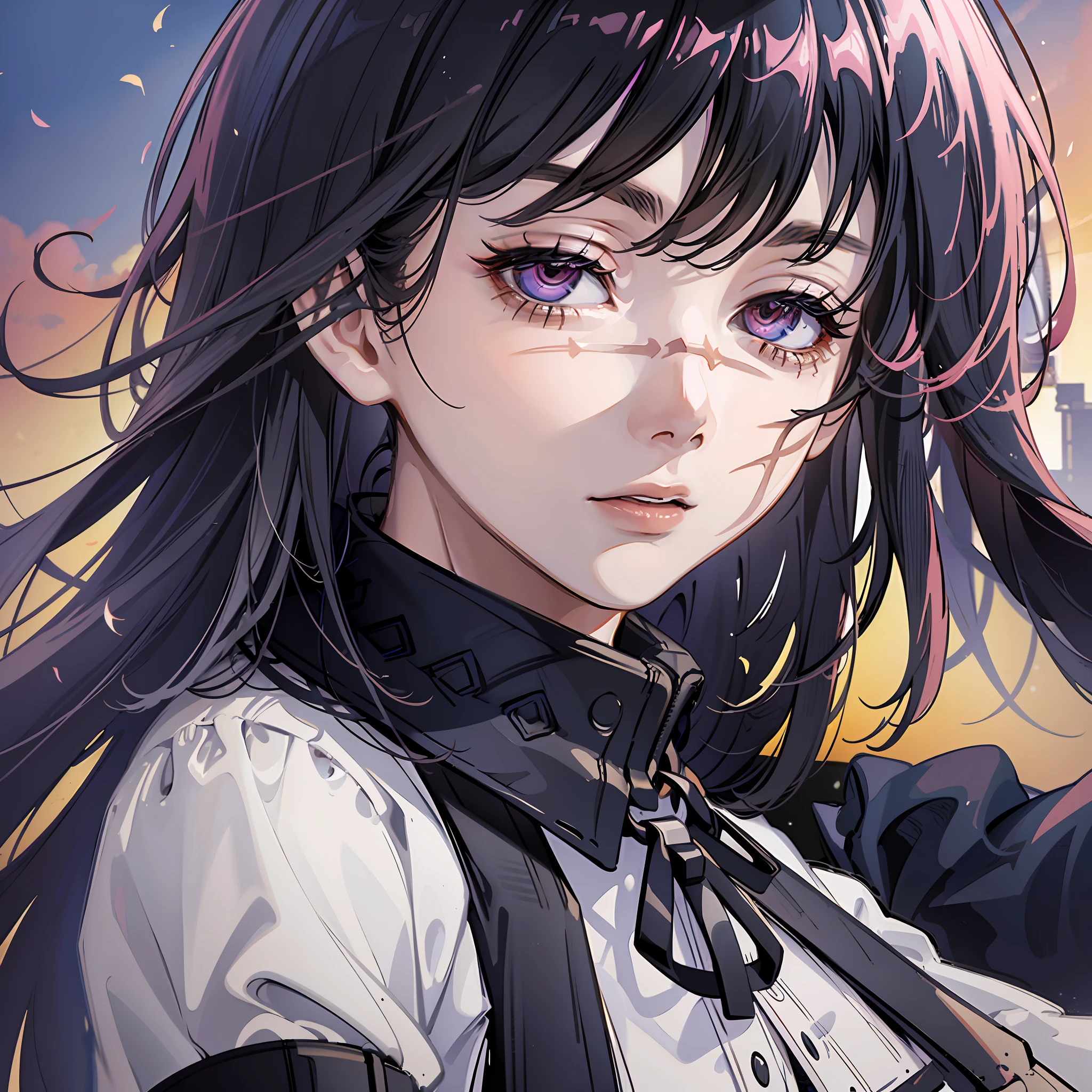((best quality)), high resolution, detailed edges, dynamic pose, (1girl), long hair, scars on face,(bangs),closed mouth, minimalistic background, focus on character features, (full face shot), yoru