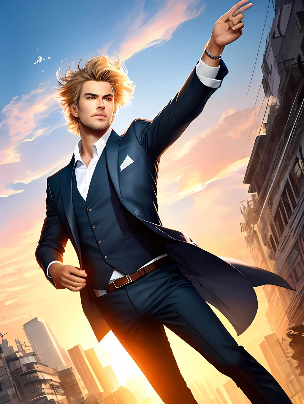 A stylized watercolor digital illustration, handsome, fashion, middle-aged tanned fitted man, age 30, top angle shot, blond short messy hair, a big metropolis as the background, sunset, dancing, cinematic light, action, designer suit, Art by Carne Griffiths and Wadim Kashin, Yoji Shinkawa, Peter Draws, heavenly handsome face, detailed eyes, big greek nose, perfect anatomy, natural hand poses, natural legs poses, approaching perfection, dancing, dynamic poses, luminism, highly detailed, sharp focus, full body shot, 8k UHD, masterpiece, ultra fine detail, dynamic gestures, sunset.