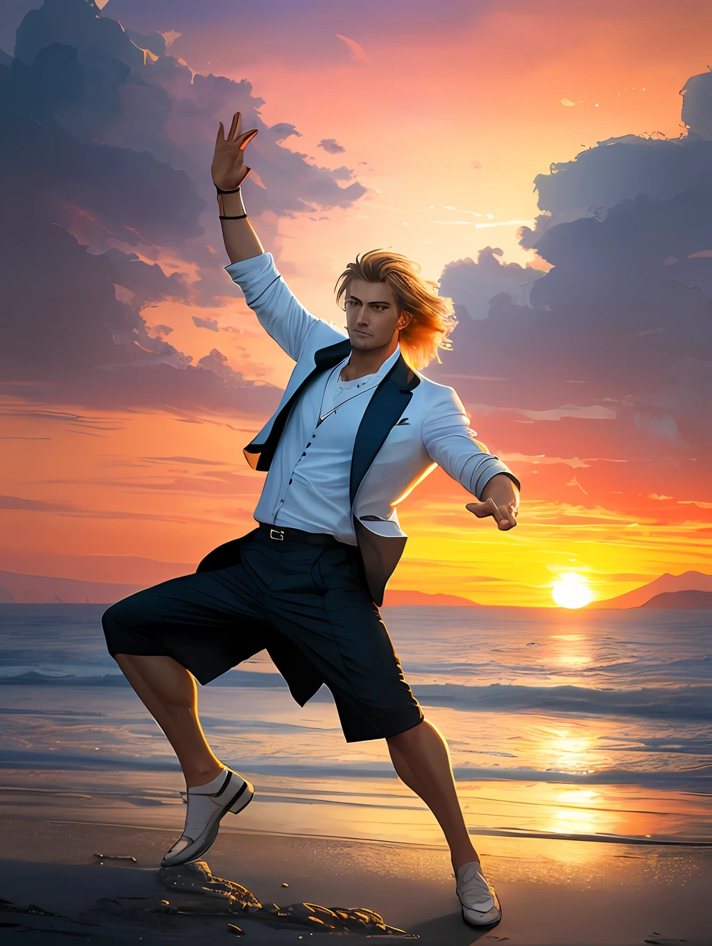 A stylized watercolor digital illustration, handsome, fashion, middle-aged tanned fitted man, age 30, top angle shot, blond short messy hair, a big metropolis as the background, sunset, dancing, cinematic light, action, designer suit, Art by Carne Griffiths and Wadim Kashin, Yoji Shinkawa, Peter Draws, heavenly handsome face, detailed eyes, big greek nose, perfect anatomy, natural hand poses, natural legs poses, approaching perfection, dancing, dynamic poses, luminism, highly detailed, sharp focus, full body shot, 8k UHD, masterpiece, ultra fine detail, dynamic gestures, sunset.