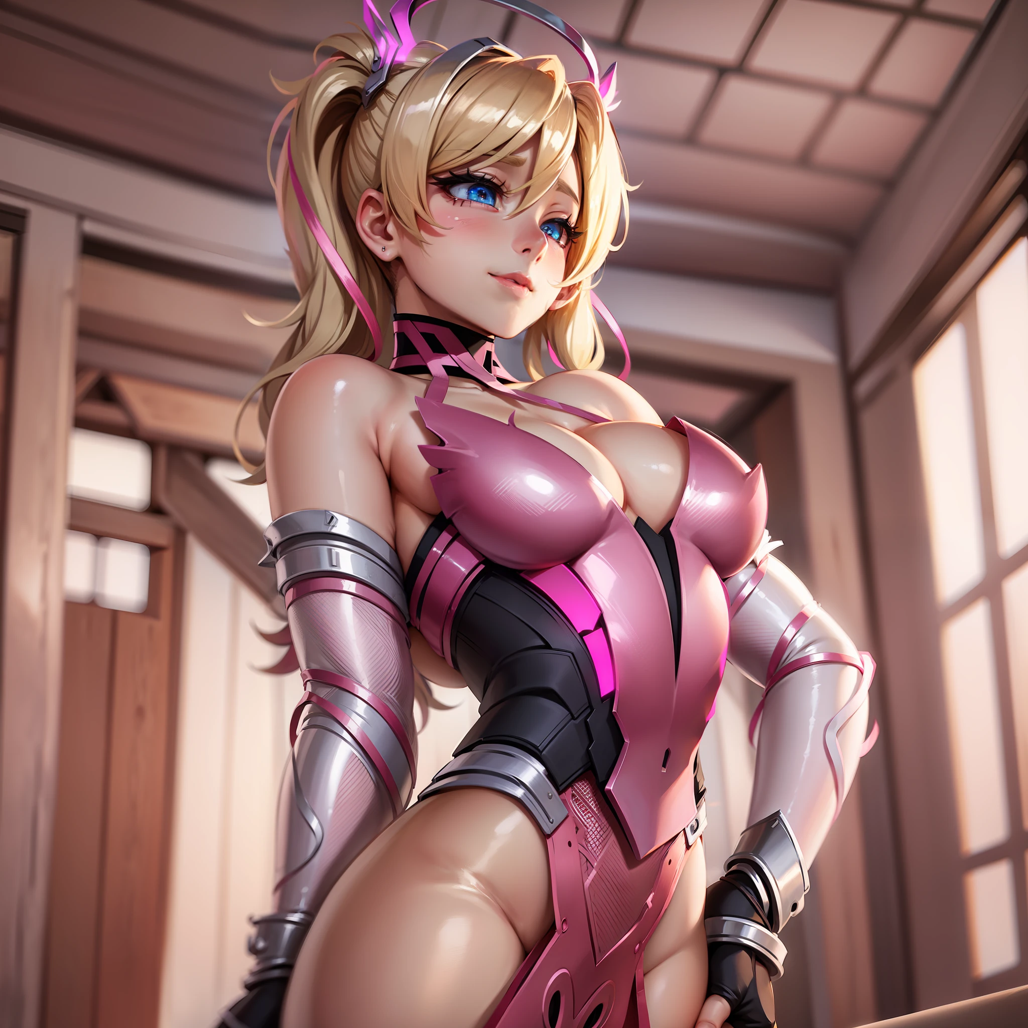 pink_mercy, blonde hair, halo, star-shaped pupils, light smile, shy, motion blur, depth of field, Ultra-Wide Angle, from below, 4K, super detail, textured skin, butt, big butt, undressing