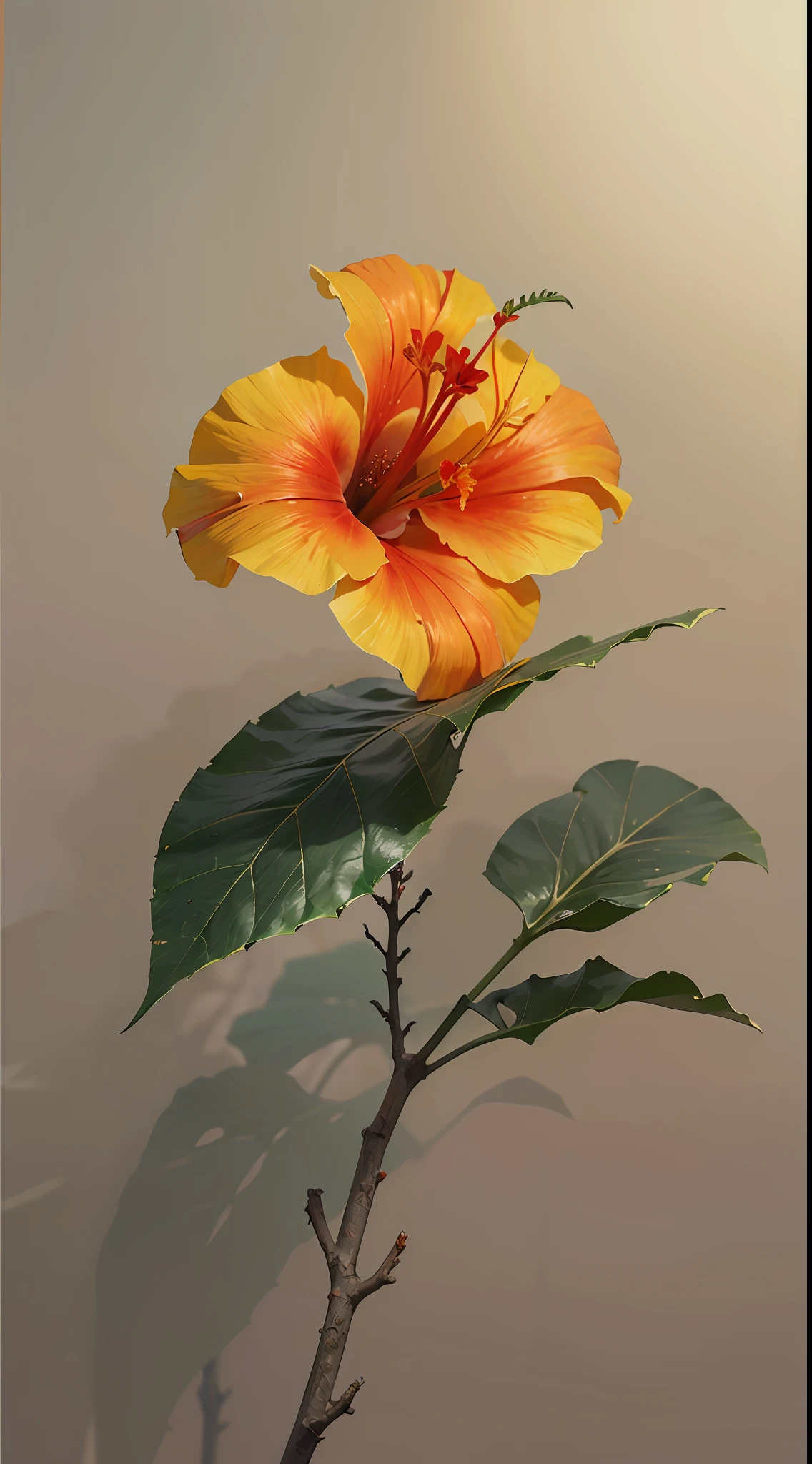hibiscus flower blooming on a gnarled branch against a grey background, simple background, in the style of light orange and light beige, minimalist images, photography installations, paleocore, green and crimson, hyper-realistic, poetic intimacy