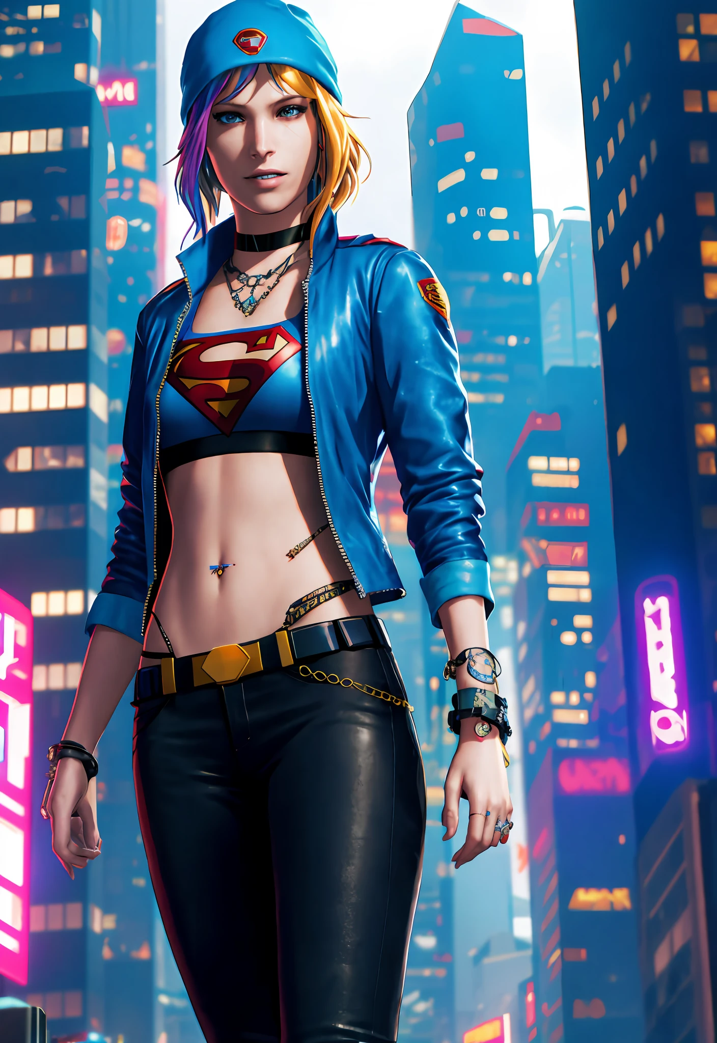 Cyberpunk supergirl, slim waist, ultra-detailed, masterpiece, high quality, cyberpunk city background, chloeprice, blonde hair, blue eyes, beanie, choker, tattos, superman s on chest