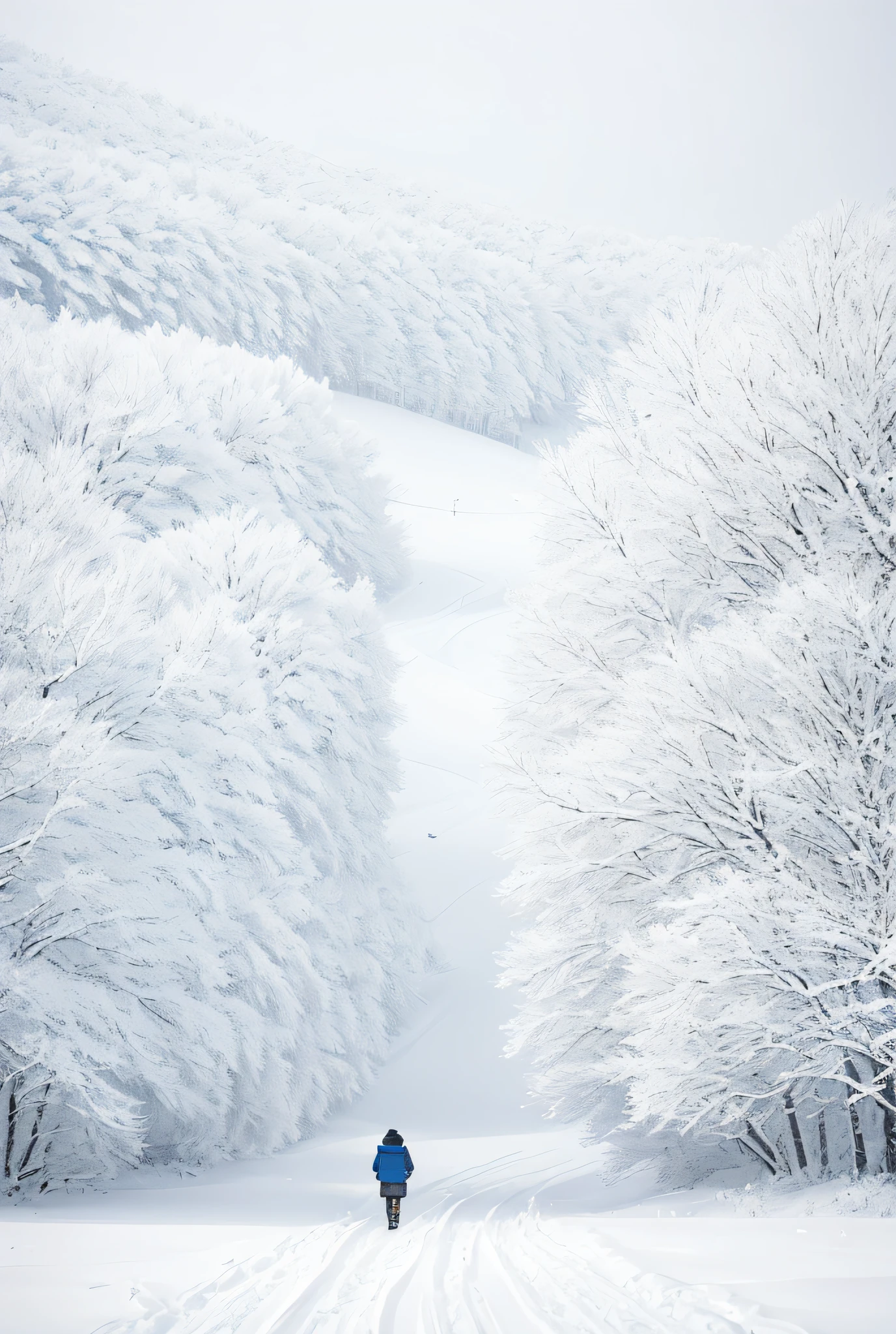 A lonely tree stands alone in the snowy landscape, walking alone, by Tadashi Nakayama, Yukihiko Yasuda, inspired by Ryoji Ikeda, Kazumatsu Tanaka, Fumito Ueda, Kiyomoto Torii, Makoto Kobayashi, Hiroshi Honda, Lonely Landscape, Cheng Jiasui, HD gray and white, blockbuster, simple style, ultra-high quality, exquisite details, innovative ideas, far-reaching artistic conception, winding paths, white snow, misty, lonely, a touch of light, chiaroscuro, a winding path, constantly extending forward, At the end of the road walks a little man, back, best quality, realistic environment, Canon camera, 15-35 large wide angles