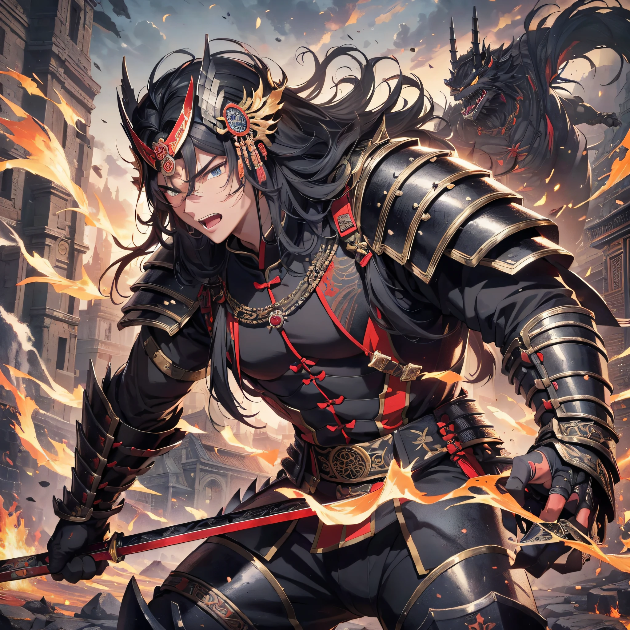 Absurd resolution, high resolution, (masterpiece: 1.4), hyper-detailed, ancient Chinese, black long-haired young man (1.3), roar (1.2), cry (1.2), armored samurai in black armor, wielding swords, blood, fighting, standing on ancient city walls (1.3), dusk, fire