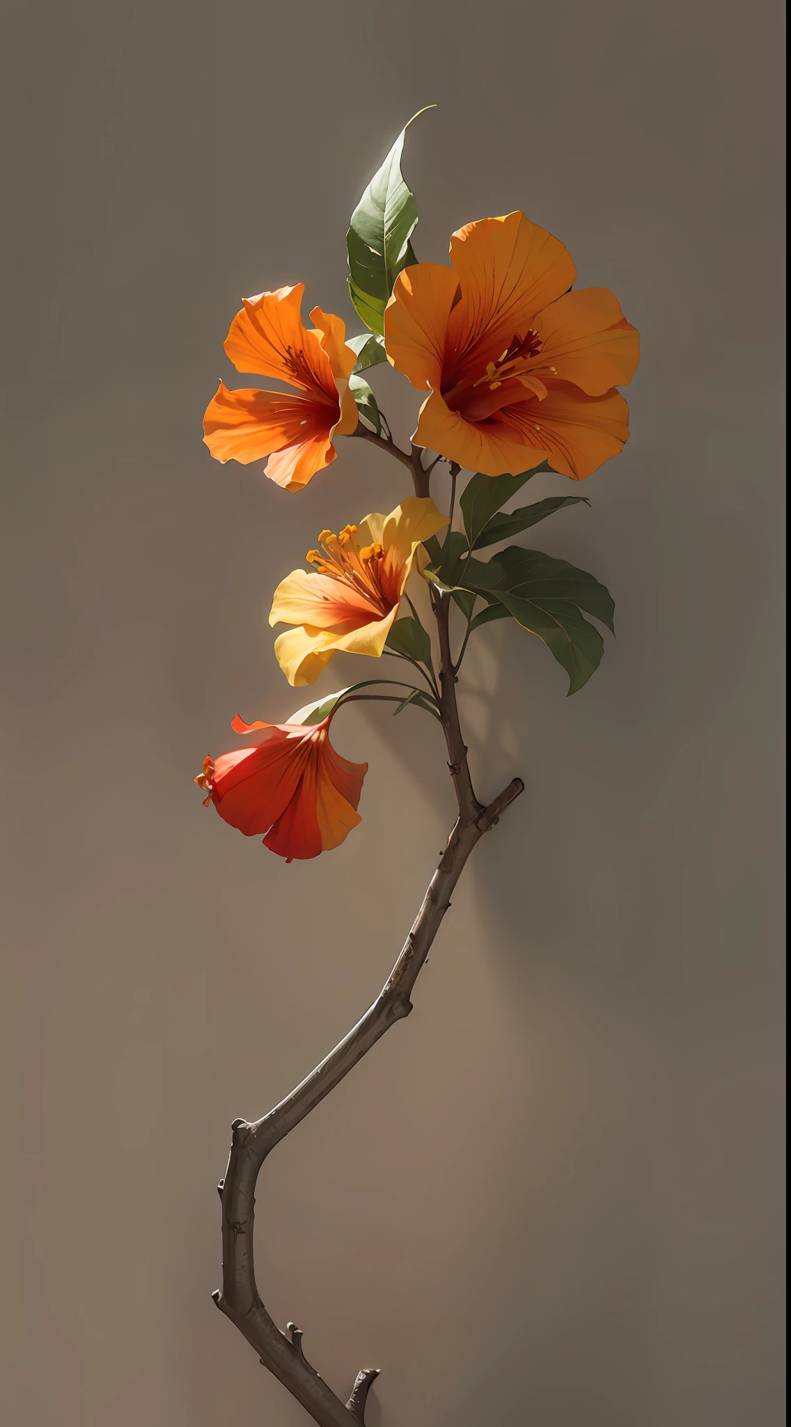hibiscus flower blooming on a gnarled branch against a grey background, simple background, in the style of light orange and light beige, minimalist images, photography installations, paleocore, green and crimson, hyper-realistic, poetic intimacy
