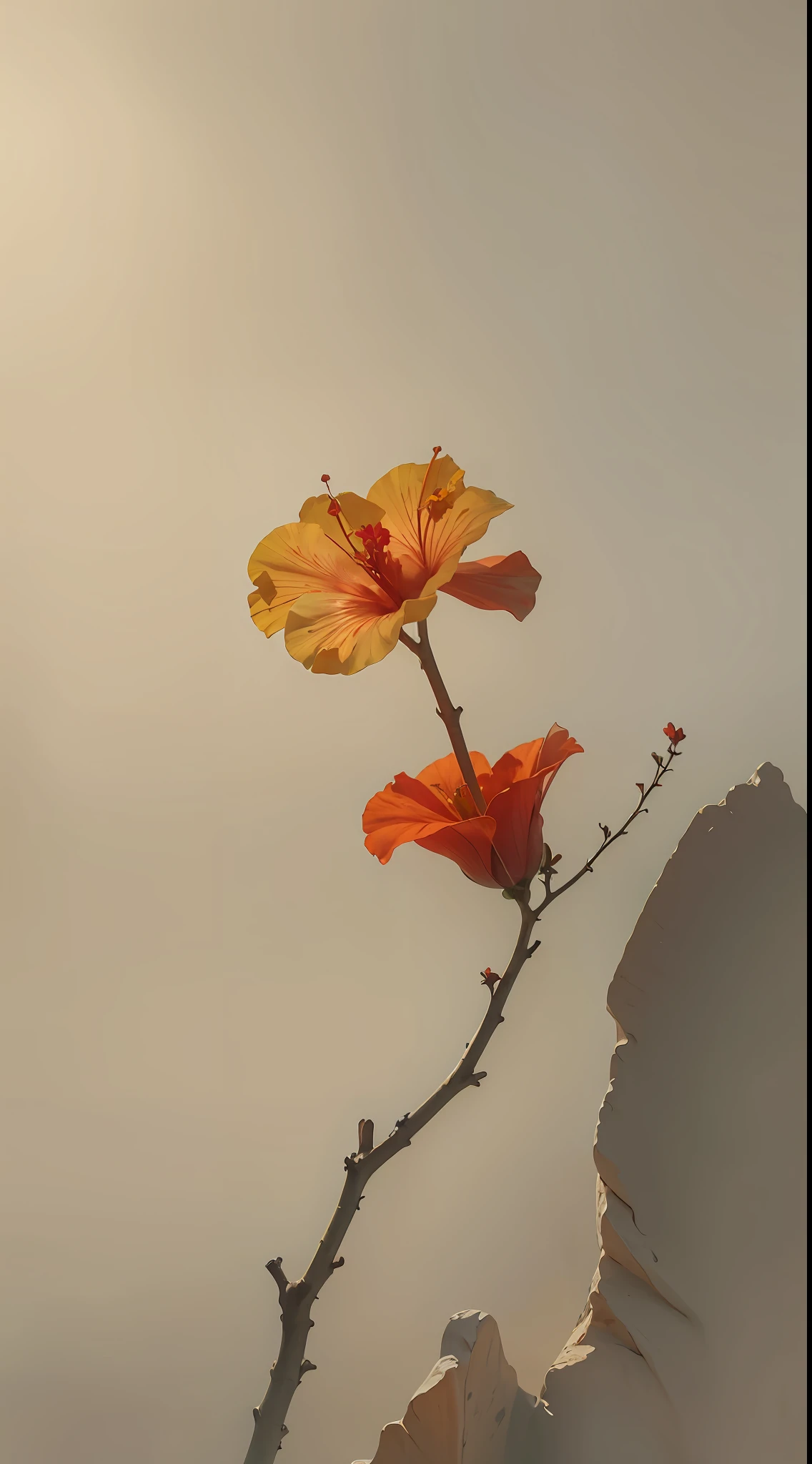 hibiscus flower blooming on a gnarled branch against a grey background, simple background, in the style of light orange and light beige, minimalist images, photography installations, paleocore, green and crimson, hyper-realistic, poetic intimacy