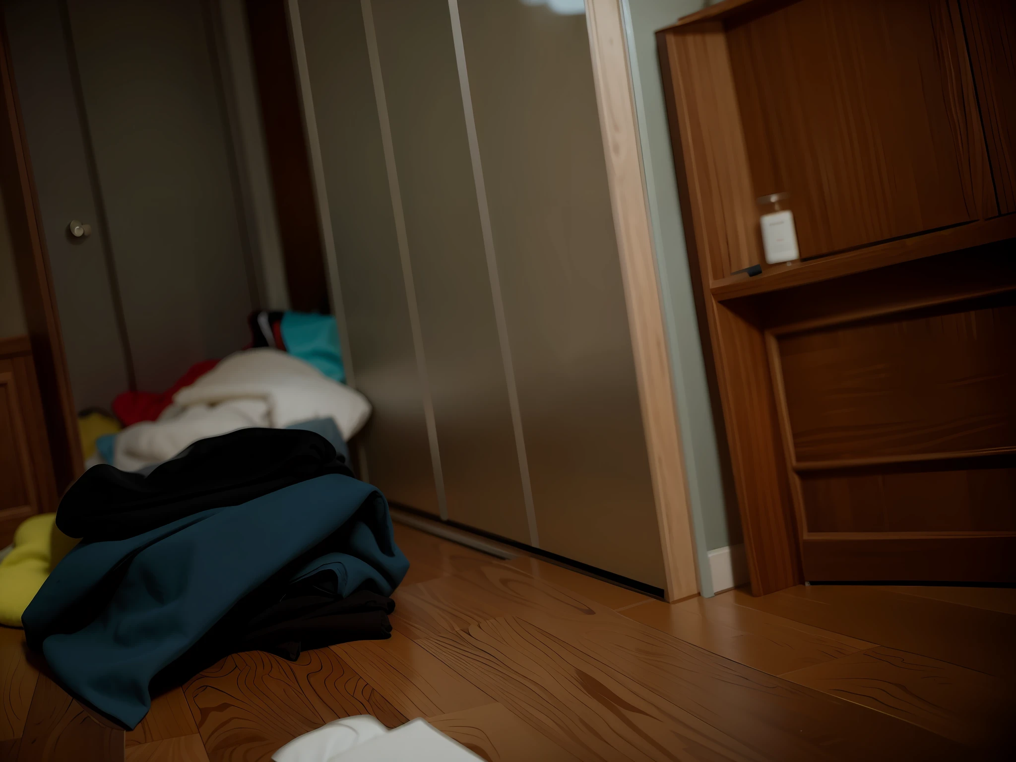 there is a pile of clothes sitting on a floor next to a door, very coherent image, interior of a small room, blurry image, small room, in small room, dirty room, doors to various bedrooms, very very low quality picture, real image, dirty apartment, inside of a bedroom, two wooden wardrobes, blurred photo, not blurry, beautiful image