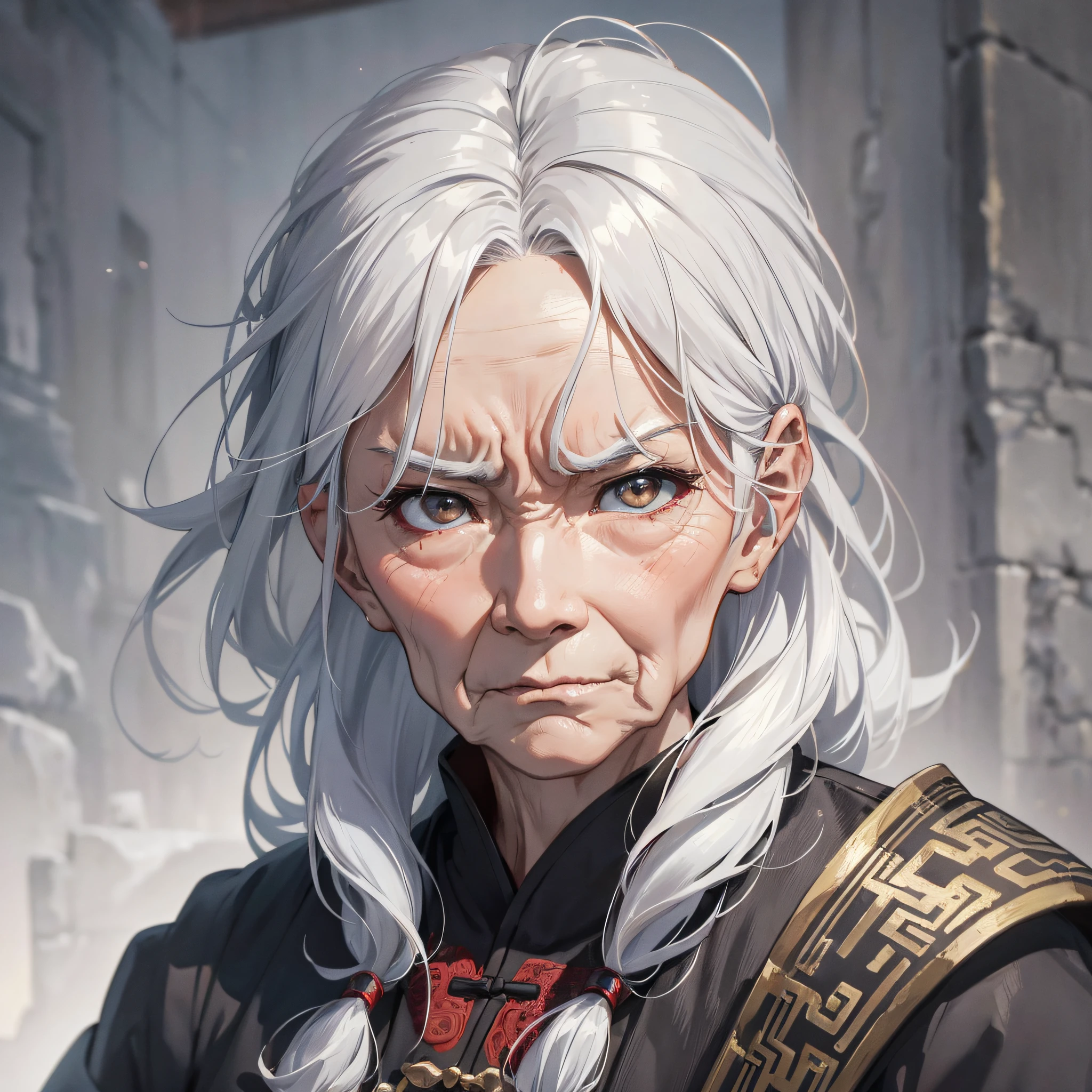 Absurd resolution, high resolution, (masterpiece: 1.4), hyper-detail, ancient Chinese, an old woman with white hair (1.5), angry expression, street side