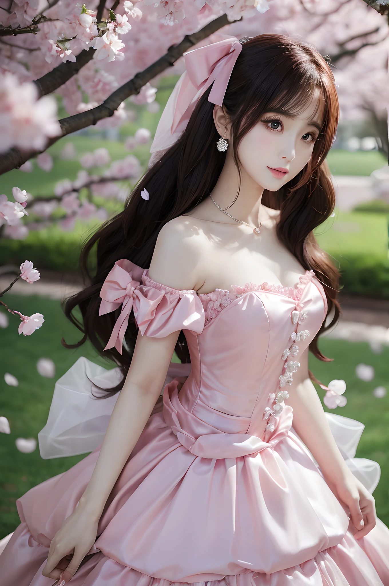 ((Realistic lighting, top quality, 8K, Masterpiece: 1.3)), Clear Focus: 1.2, 1Woman, Perfect Beauty: 1.4, Yushuxin, 1Girl, Dress, Solo, Brunette, Jewelry, Long Hair, Earrings, Bow, Pink Dress, Wood, Nature, Outdoor, Bare Shoulder, Airless Gainsboro, Long Dress, Hair Bow, Forest, Pink Bow,Strapless, Standing, Necklace, Head Tilt, Chapped Lips, Wavy Hair, Strapless Dress,Lace Sleeves, cetin dress,Close-up of woman in pink dress posing for photo, beautiful maiden, anime girl cosplay, beautiful korean woman, beautiful princess, cute elegant pose, belle delphine, wearing pink dress, beautiful fantasy maiden, anime princess, beautiful seductive anime woman,beautiful asian girl, attractive anime girl, elegant glamorous cosplay,take a front,in cherry blossom park,