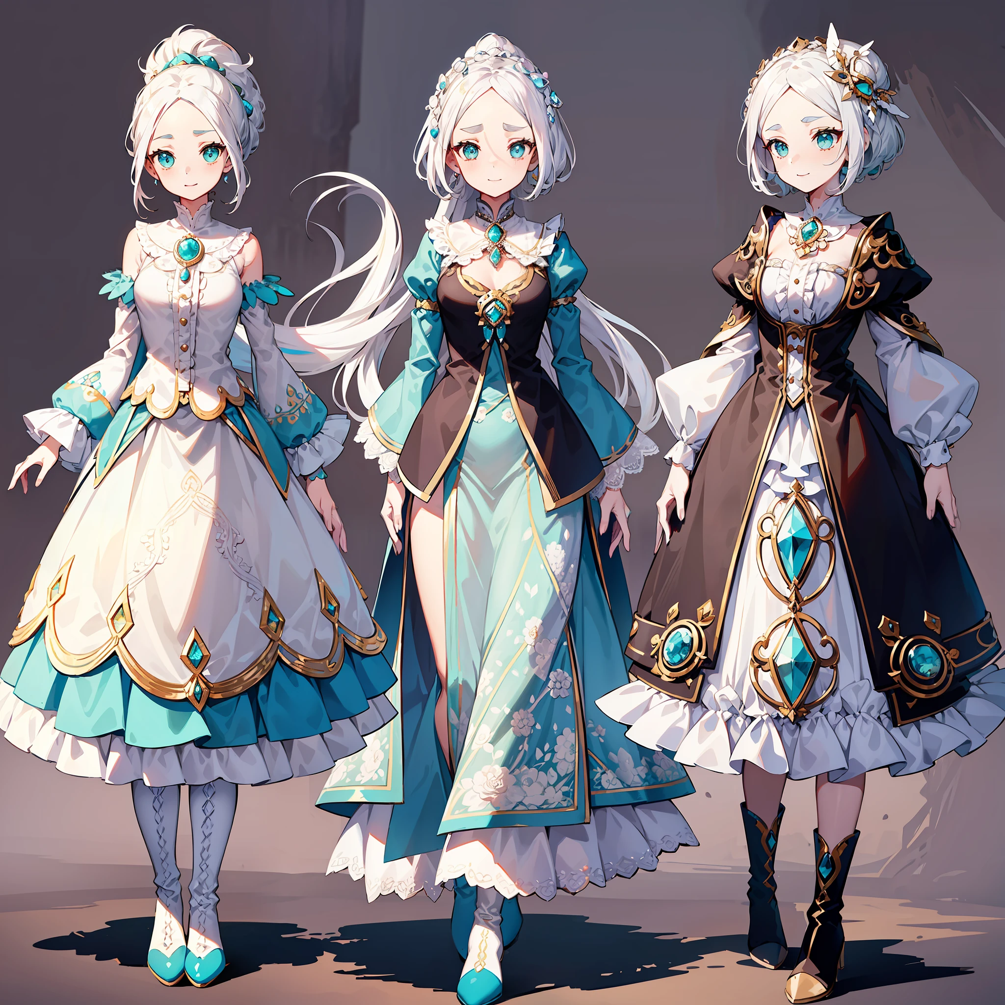 (Character design sheet, forehead, side, back, head, clothing), a girl, pearl white hair, turquoise eyes, fantastic style, flowing dress, lace and ruffles, gems and brooches, elaborate boots, exquisite jewelry, serene look, radiant smile, gently arched eyebrows, serenity and wisdom, empathy and compassion, connection with magic.
