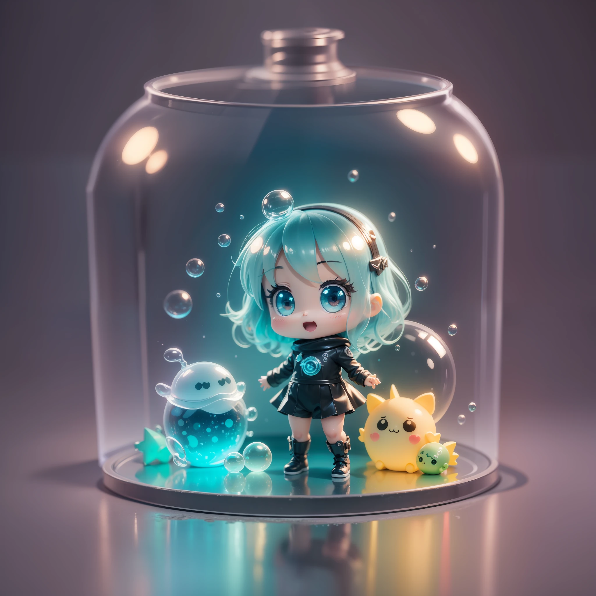 Super cute ocean building in glass bottle, full body 3d drawing, 1 cute, happy, c4d, pop matt blind box, glowing bubbles, toys, solid color background, chibi, fluorescent translucency, luminescence, kawaii, little monster, reference table, pop mart blind box, pixar, complex details, 3d rendering, blender, oc renderer, fol body reference sheet, dribble, high details, 8k, Studio lighting, loli, petite, child, chibi, standard definition characters: 1.1, magic space warehouse background