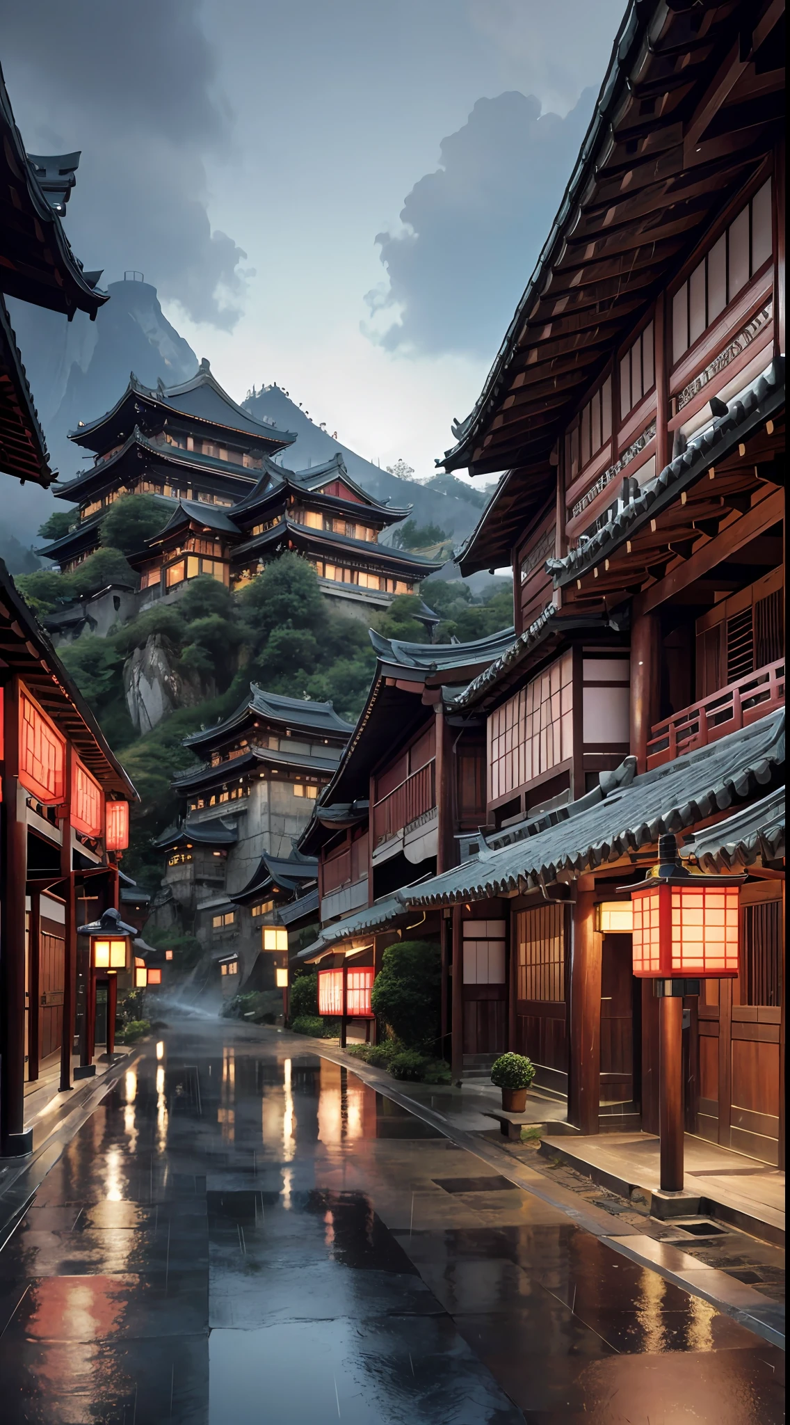 arafed view of a village with a lot of lights on the buildings, dreamy chinese town, chinese village, amazing wallpaper, japanese town, japanese village, hyper realistic photo of a town, old asian village, japanese city, by Raymond Han, rainy evening, cyberpunk chinese ancient castle, beautifully lit buildings, at evening during rain, beautiful and aesthetic, photography, cinematic, 8k, high detailed ((Heavy rain)))