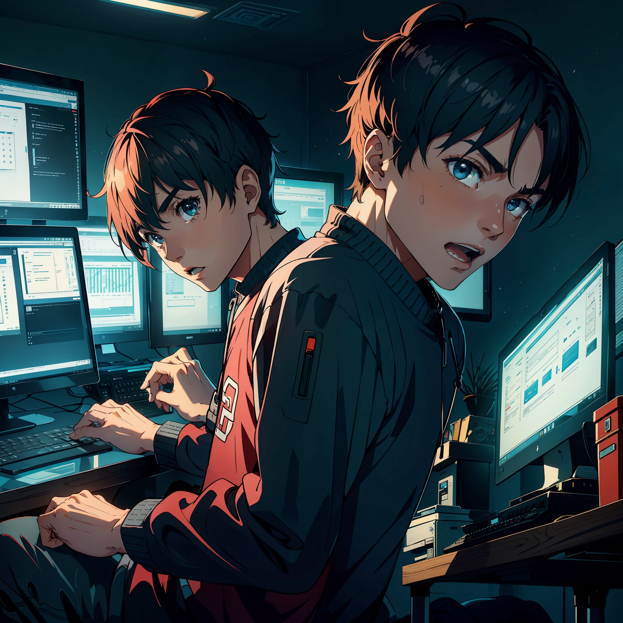 A man sits in front of a computer screen with a surprised expression in the room