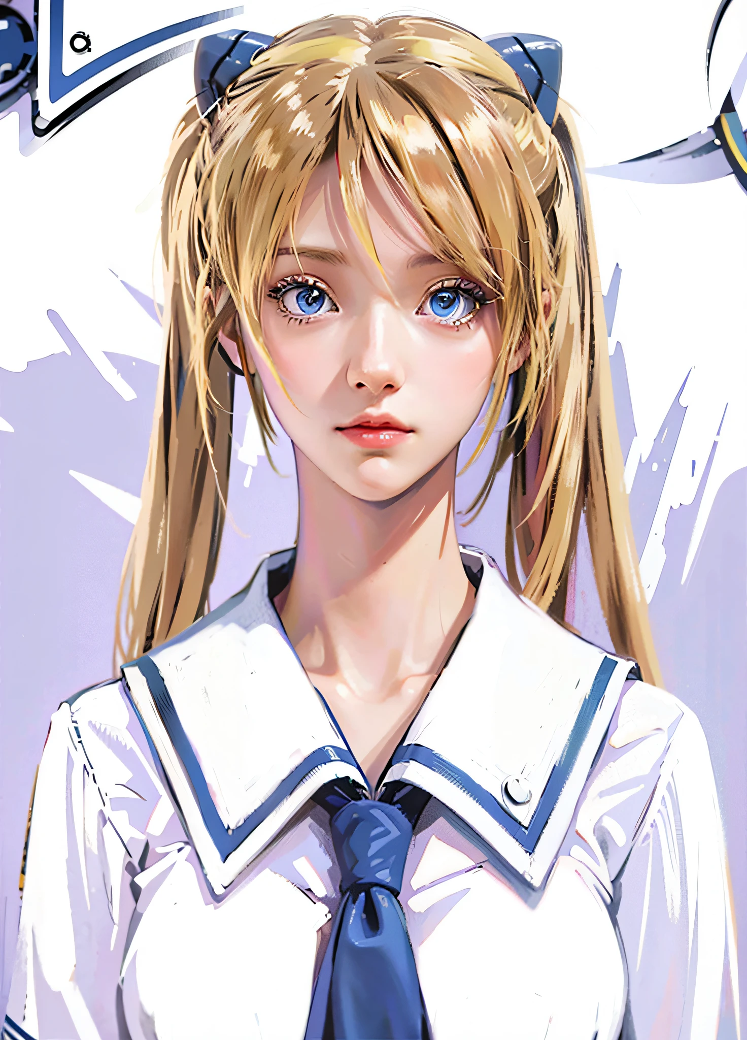 Live-action adaptation, face up, ponytail and blue-eyed anime girl in sailor suit, blonde anime girl with long hair, beautiful anime schoolgirl, surreal schoolgirl, digital manga art made by anime painter studio, drawn in anime painter studio, anime character, asuka, highest quality, high definition, hair also realistic