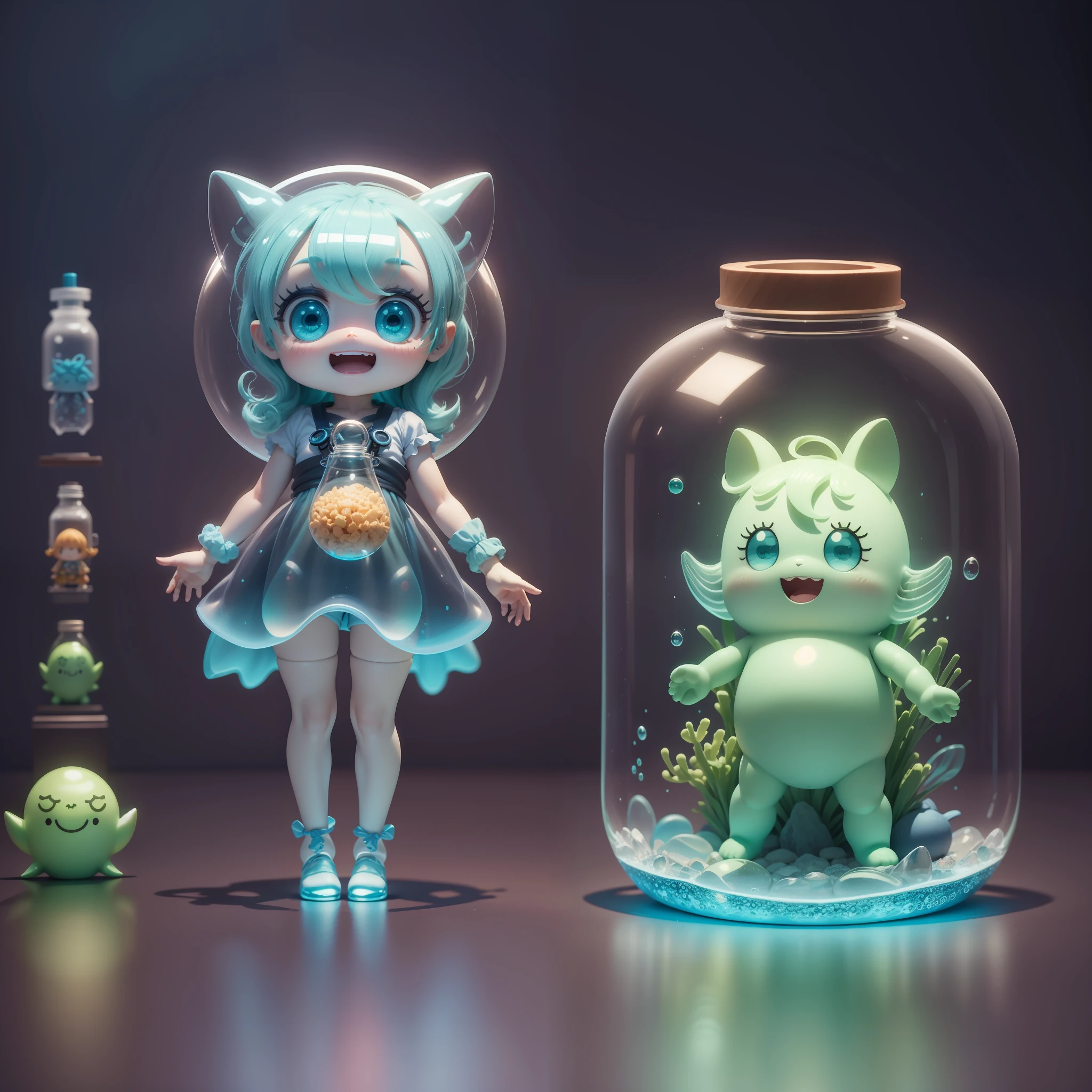 Sea creatures in glass bottles, full body 3d drawing, 1 cute, happy, c4d, pop matt blind box, glowing bubbles, toys, solid color background, chibi, fluorescent translucency, luminescence, kawaii, little monster, reference table, pop mart blind box, pixar, complex details, 3d rendering, blender, oc renderer, fol body reference sheet, dribble, high details, 8k, Studio lighting, loli, petite, child, chibi, standard definition characters: 1.1, magic space warehouse background