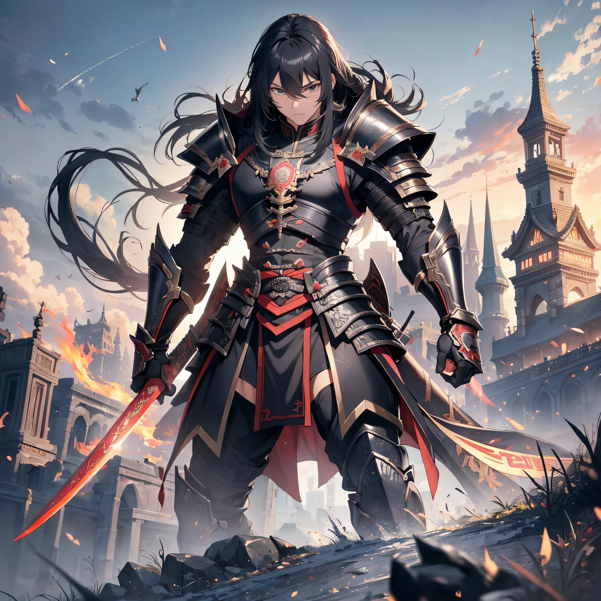 Absurd resolution, high resolution, (masterpiece: 1.4), hyper-detailed, ancient Chinese, black long-haired young man (1.3), roar (1.2), cry (1.2), armored samurai in black armor, wielding swords, blood, fighting, standing on ancient city walls (1.3), dusk, fire
