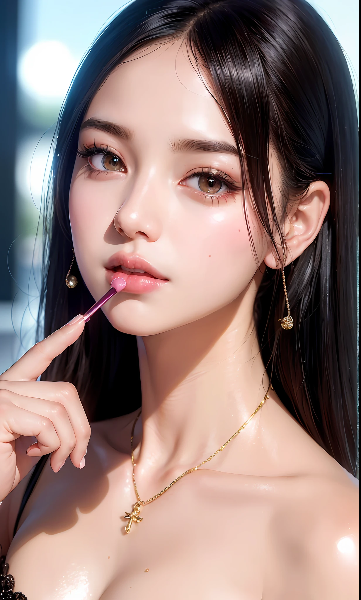 (8k, RAW photo, photorealistic: 1.25), (lip gloss, eyelashes, shiny face, shiny skin, best quality, ultra-high resolution, depth of field, chromatic aberration, caustics, wide range of lighting, Natural shading, Kpop idol) looking at the viewer with a calm and goddess-like happiness,