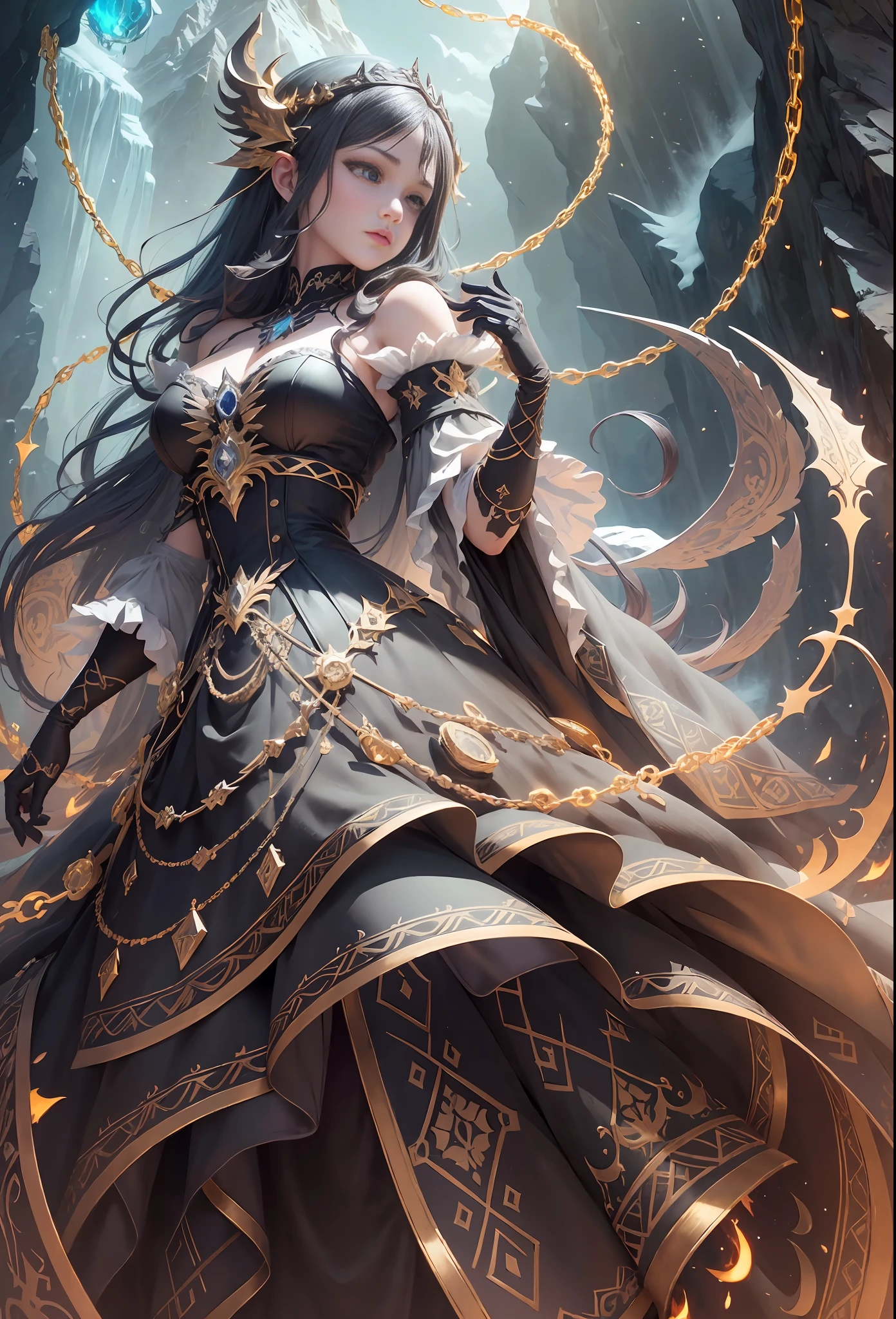 A sharp blade wrapped in chains, (Zendra, Mandala, Tangled, Tangled), Cowboy Shot, from below, {Best Quality}, {{Masterpiece}}, {High Resolution}, Original, Extremely Detailed 8K Wallpaper, {Extremely Delicate and Beautiful}, Old Dark Style, Serious, (Best Quality))), (Ultra Detailed)), (Illustration), (Detailed Light), ((Extremely Delicate and Beautiful)), dramatic_shadow, ray_ tracing, mountain, snow, gothic, gold decoration, ((masterpiece)), (best quality), (official art), (very detailed CG Unity 8k wallpaper), (very detailed), ((illustration)), {{reality}}, ocean cave, cthulhu, black dragon, black wing, horn, guro, darkness, night, monster