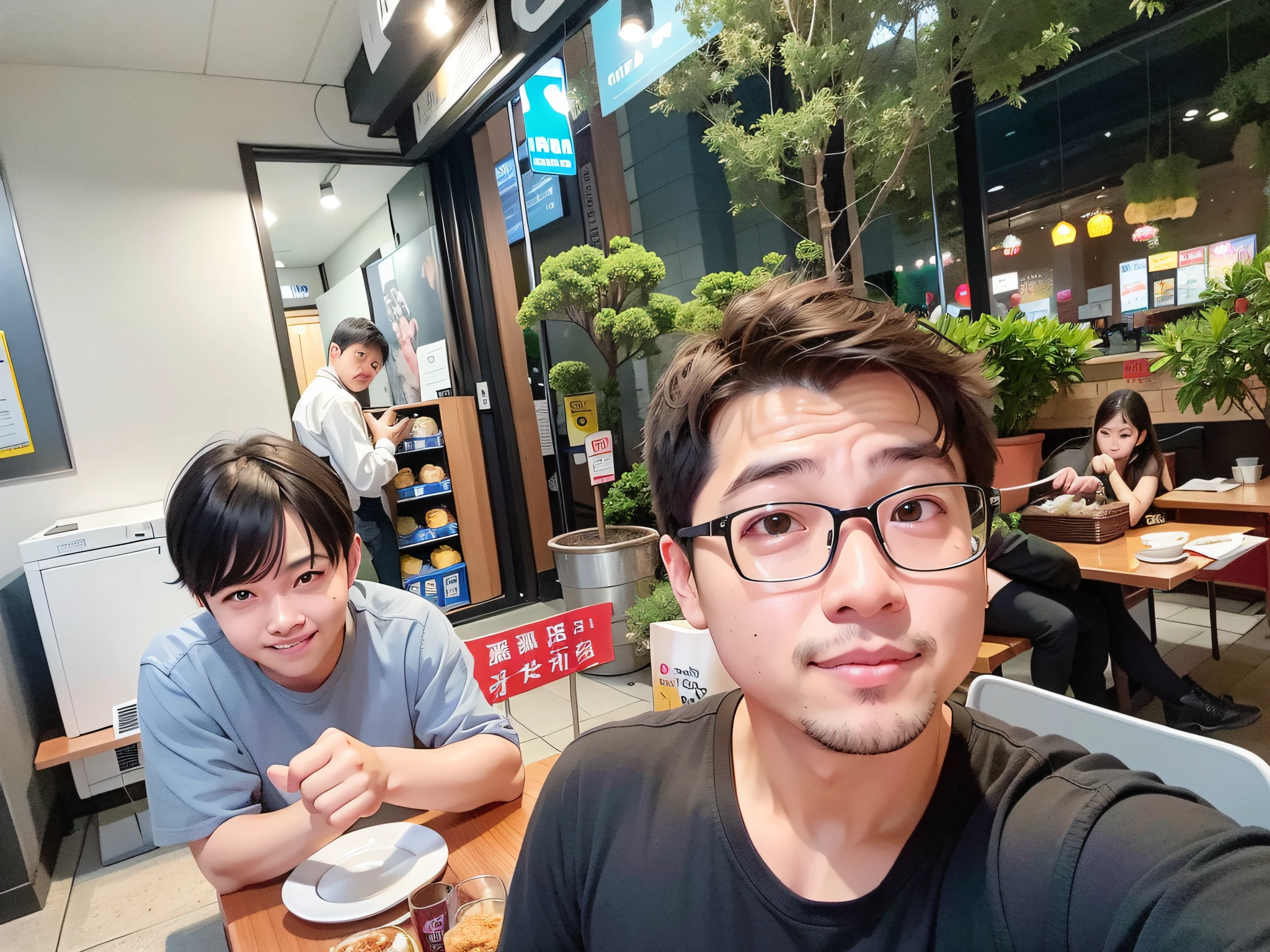 there are two men sitting at a table with plates of food, 8k selfie photograph, very very low quality picture, nixeu and sakimichan, ruan jia and fenghua zhong, shot on nikon z9, taken with sony alpha 9, in front of ramen shop, taken in the early 2020s, fish in the background --auto --s2