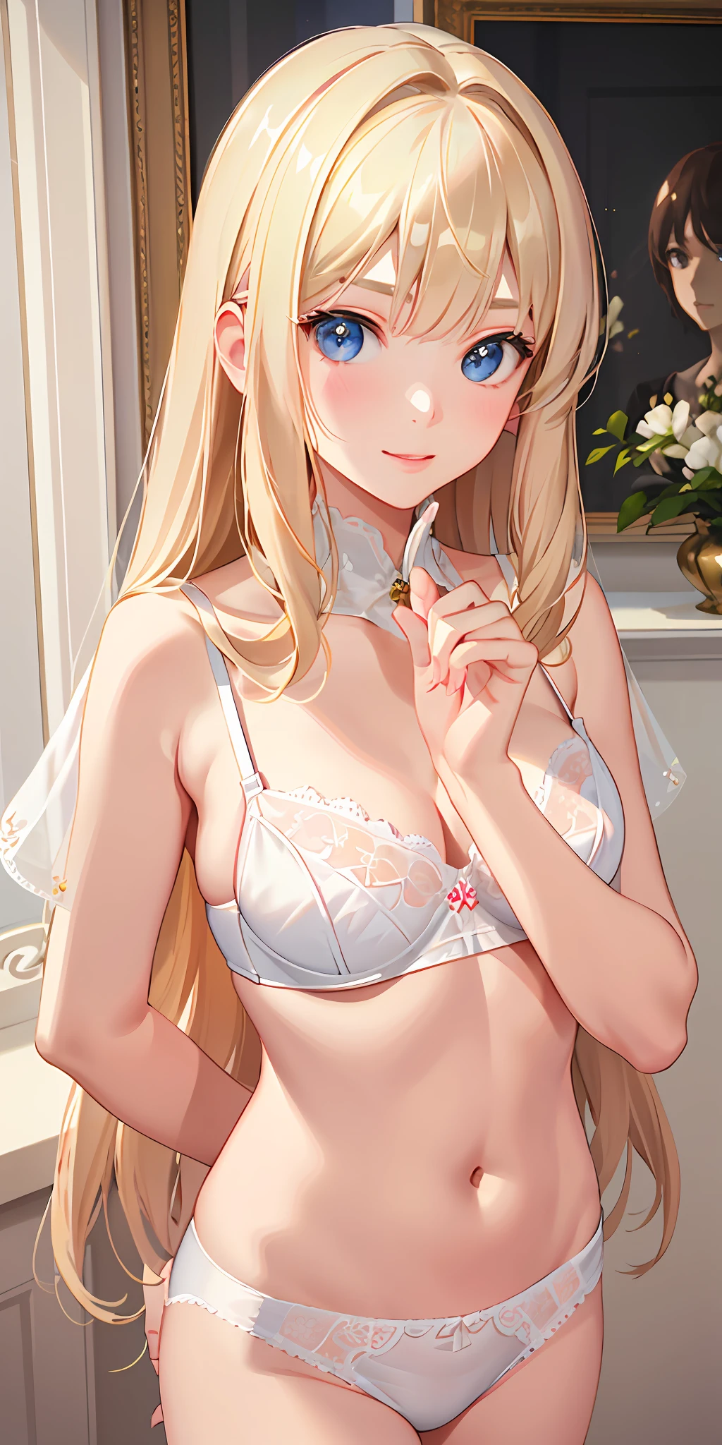 (Real: 1.4), (Masterpiece, Sidelights, Fine Beautiful Eyes: 1.2), Masterpiece*Portrait、、、、, Realistic, 3D Face, Glistening Eyes, Glossy Hair, Skin Falling Out, Solo、、、、, Embarrassing, (Epigastric), White Underwear, Blonde Hair, (Princess)
