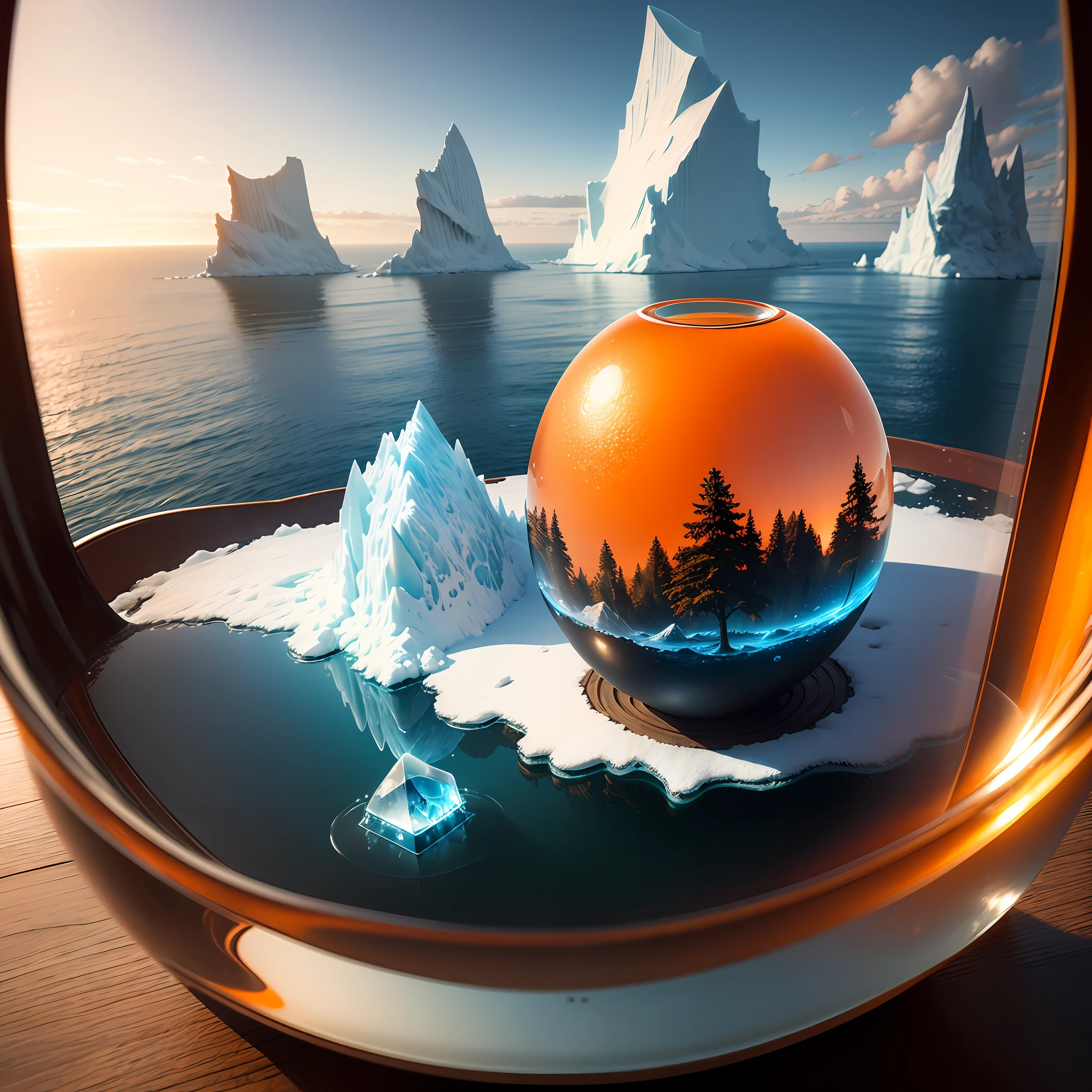 Computer, realistic fantasy, Extensive landscape ultra photography (general view showing a glass glass, dew drops, an iceberg inside, an orange), blurred background, gloomy, magic