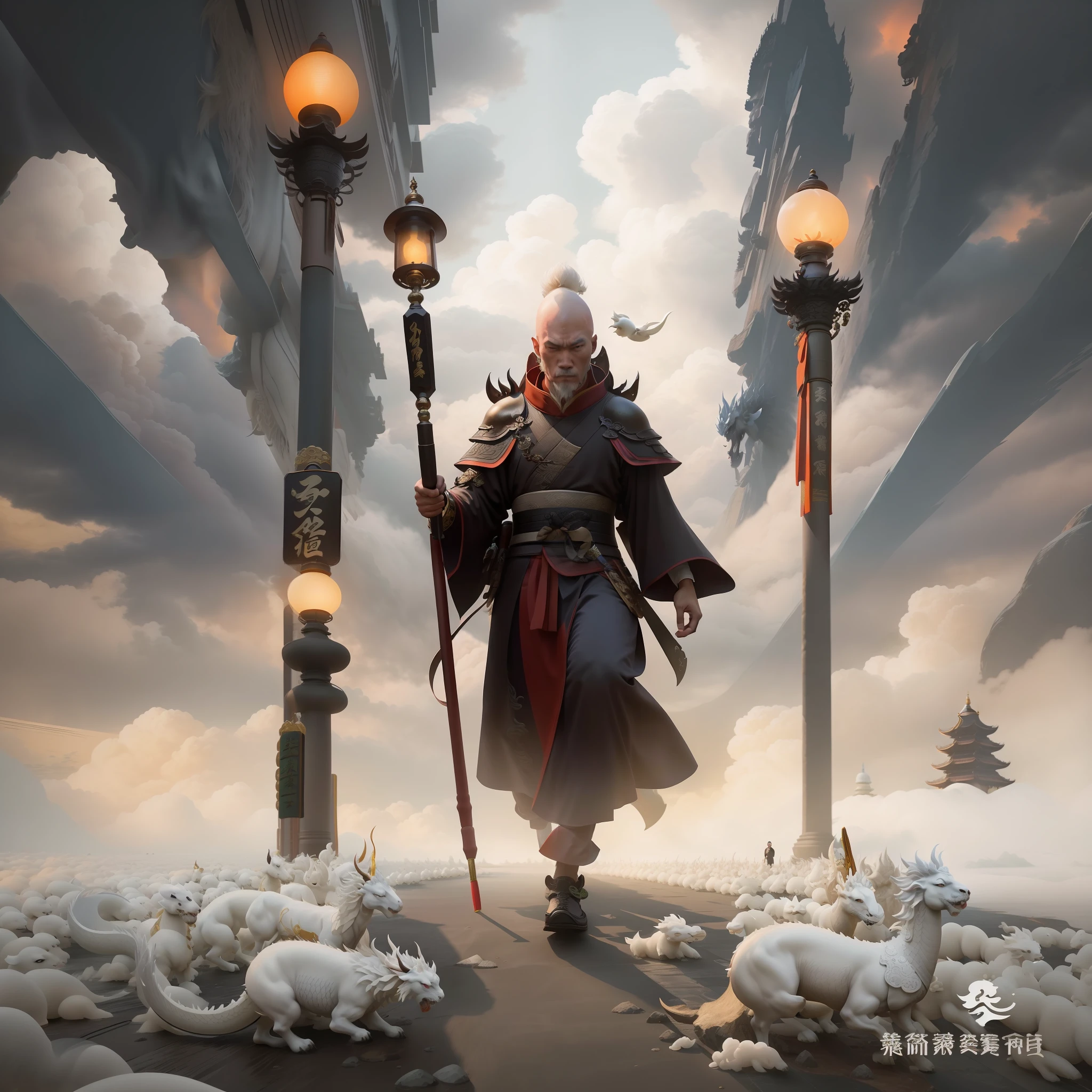 Bald Tang Dynasty young monk, a bald man monk in a cassock, walking through the street with a Zen staff, there are white dragon horses, auspicious clouds around Yang J, Zhu Feng, Andreas Rocha style, Titi Luatong, Victor Wang, conceptual art | Zhu Feng, Zeng Jing, Wu Baiyade, Yang Jin, Ren Xiong, Ju Chao Tang monk. The monk of the Tang Dynasty, with a resolute face, holding a Zen staff and a white dragon horse, walked forward, with magnificent and auspicious clouds in the background