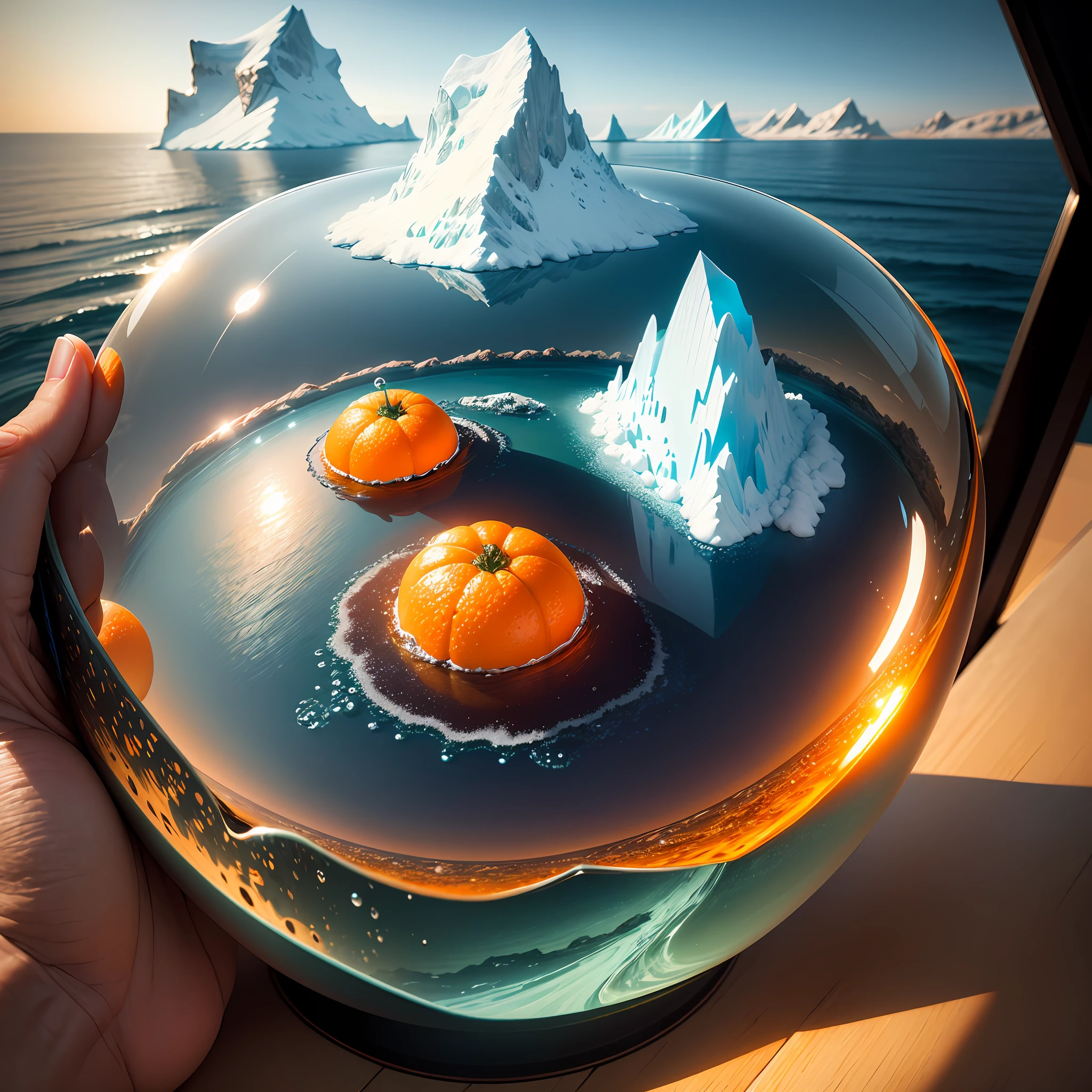 Computer, realistic fantasy, Extensive landscape ultra photography (general view showing a glass glass, dew drops, an iceberg inside, an orange), blurred background, gloomy, magic